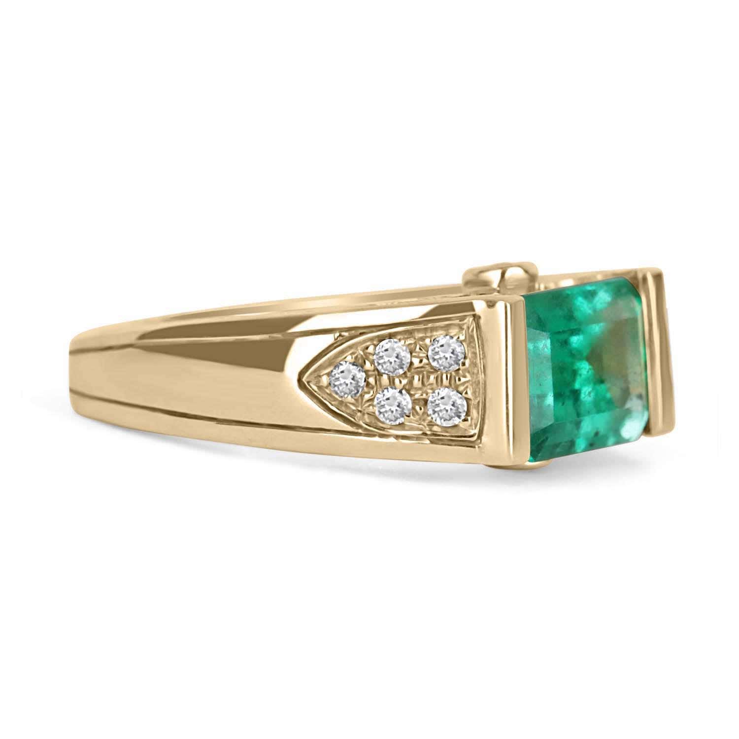 Natural 2.60ct Colombian emerald engagement ring with east-west emerald cut three-stone design in 14K gold by JR Colombian Emeralds.