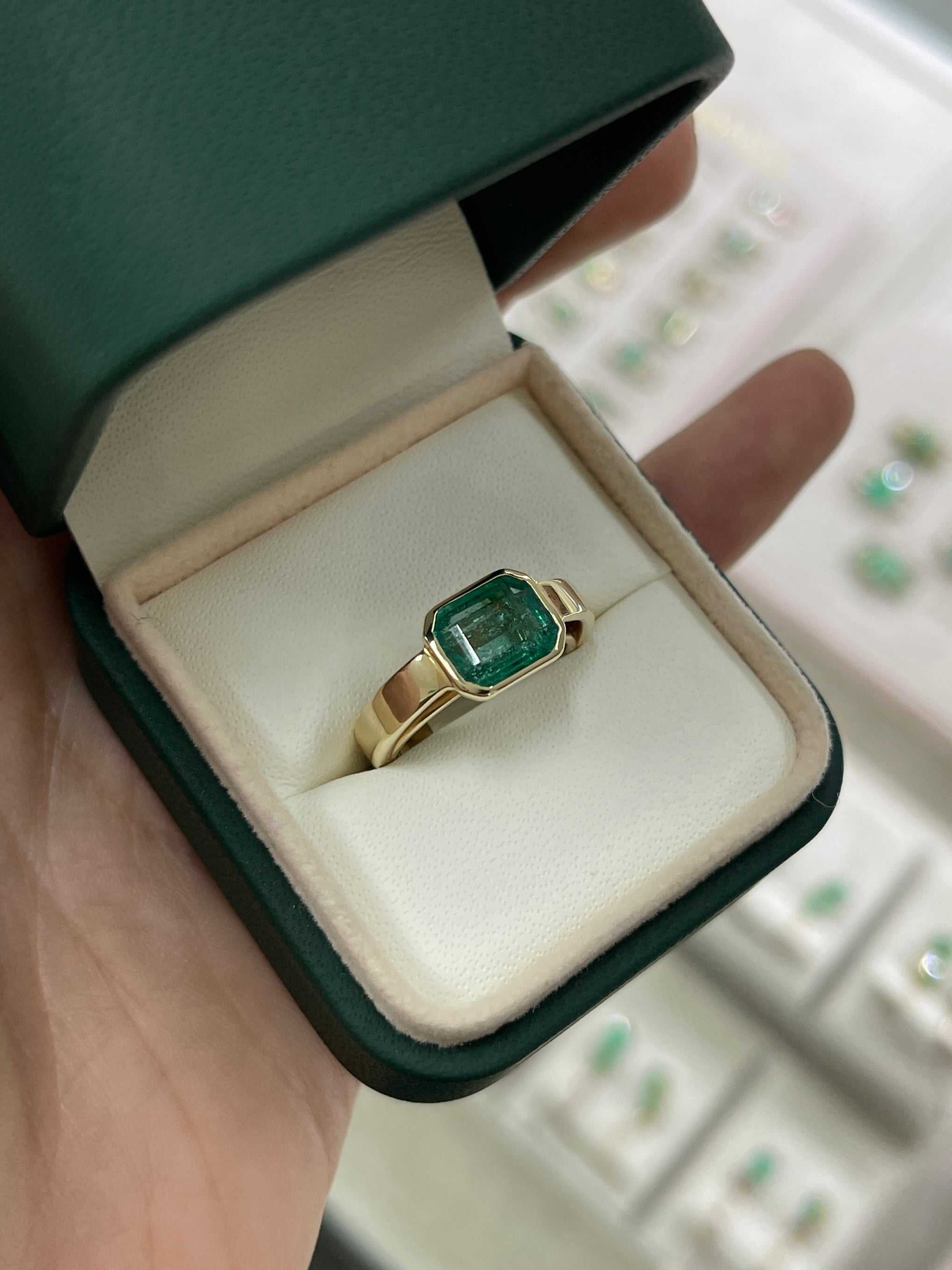 2.40cts 14K Natural Emerald Cut Dark Green Solitaire Engagement Ring - JR Colombian Emeralds
