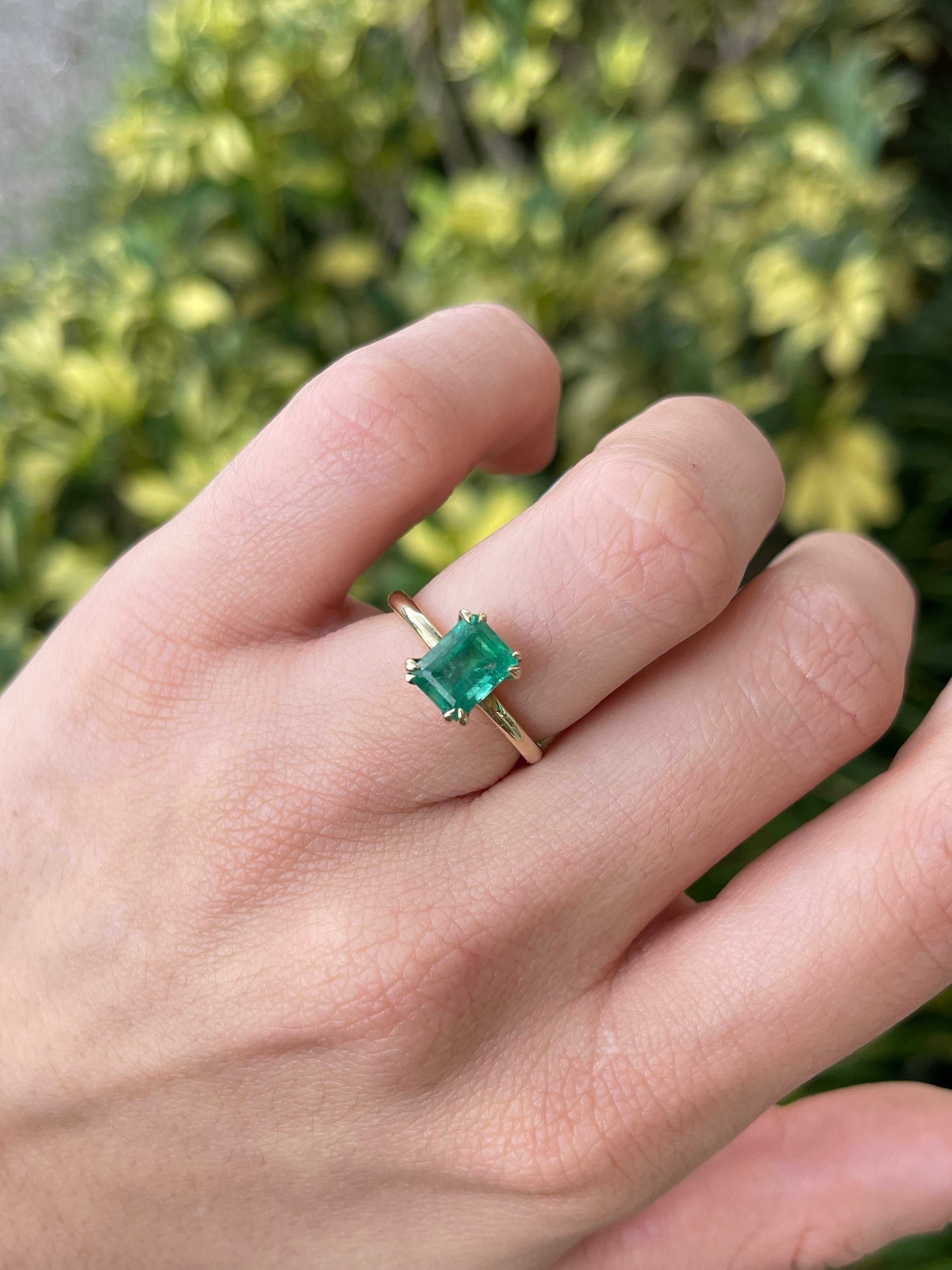 2.50ct 14K Gold Natural Medium Dark Green Emerald Cut Double Claw Prong Solitaire Right Hand Engagement Ring - JR Colombian Emeralds