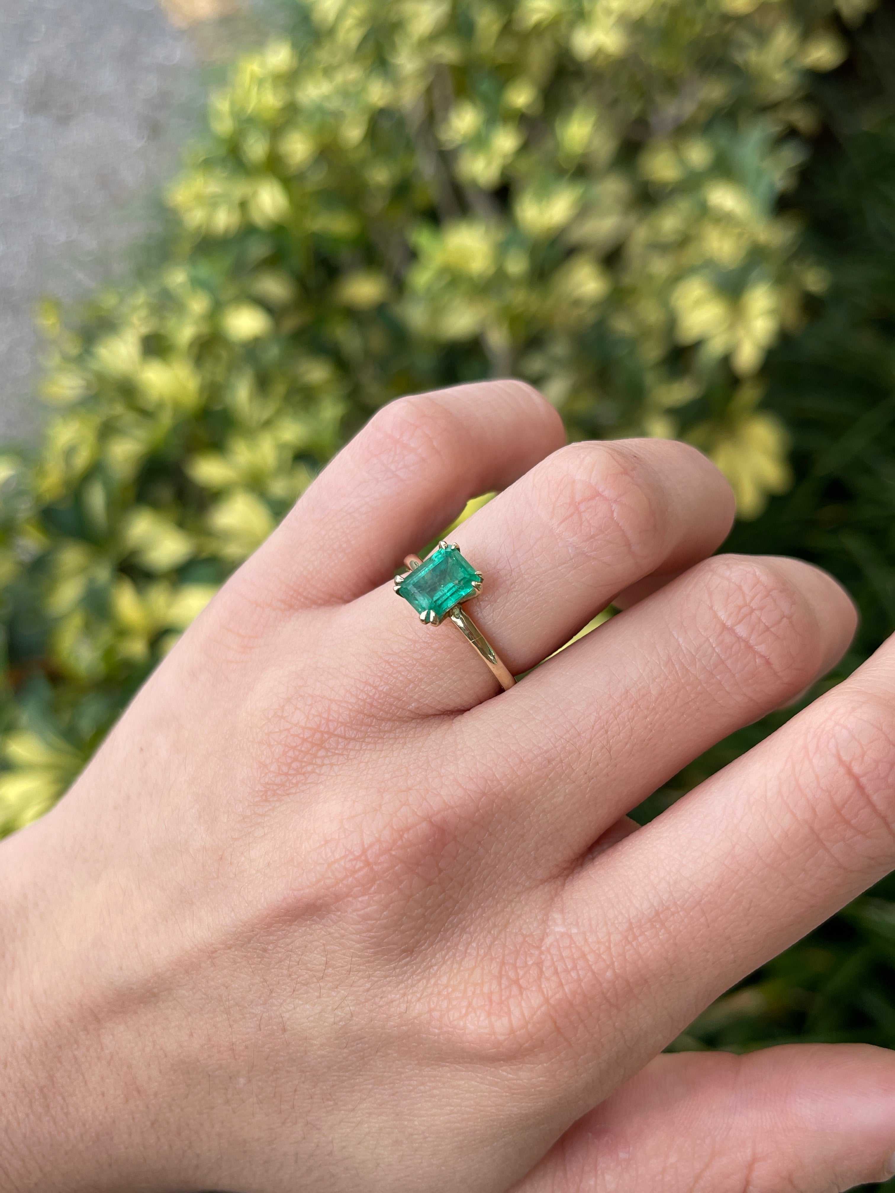 2.50ct 14K Gold Natural Medium Dark Green Emerald Cut Double Claw Prong Solitaire Right Hand Engagement Ring - JR Colombian Emeralds