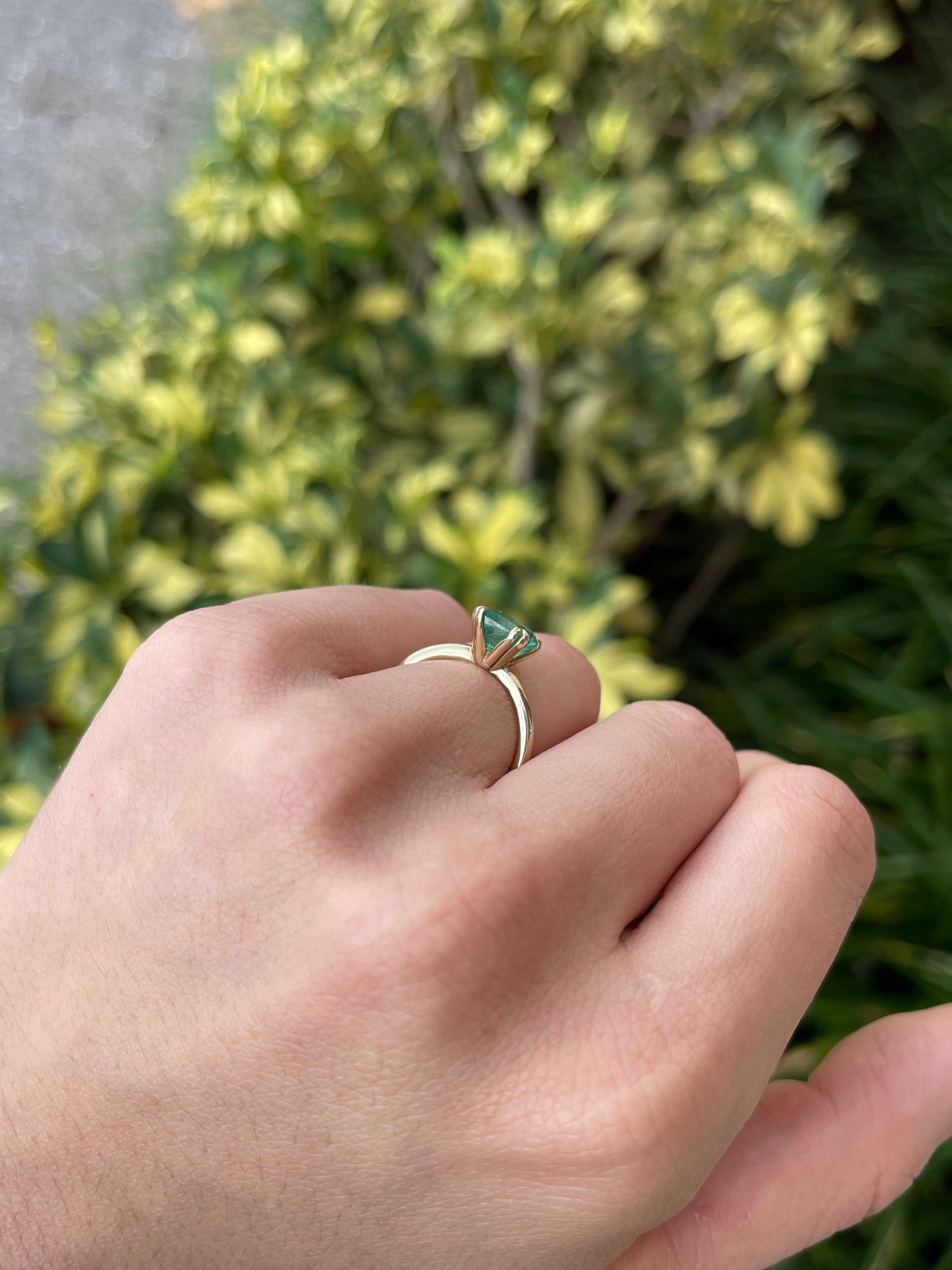 2.50ct 14K Gold Natural Medium Dark Green Emerald Cut Double Claw Prong Solitaire Right Hand Engagement Ring - JR Colombian Emeralds