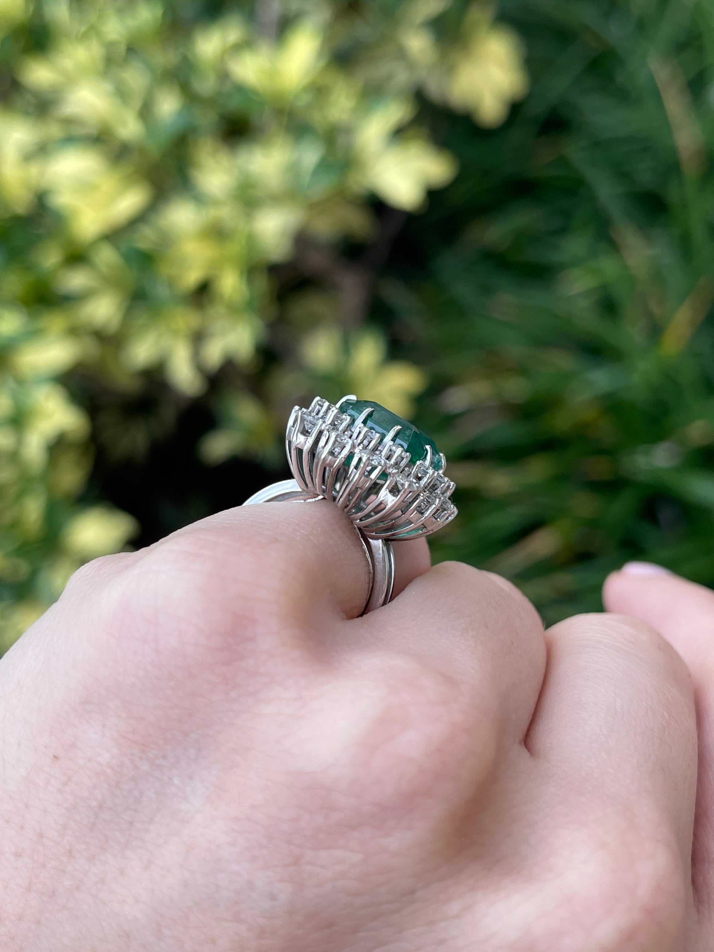 10.40tcw Natural Dark Deep Sea Green Vintage Emerald Cut Double Diamond 8 Prong Halo Ring - JR Colombian Emeralds