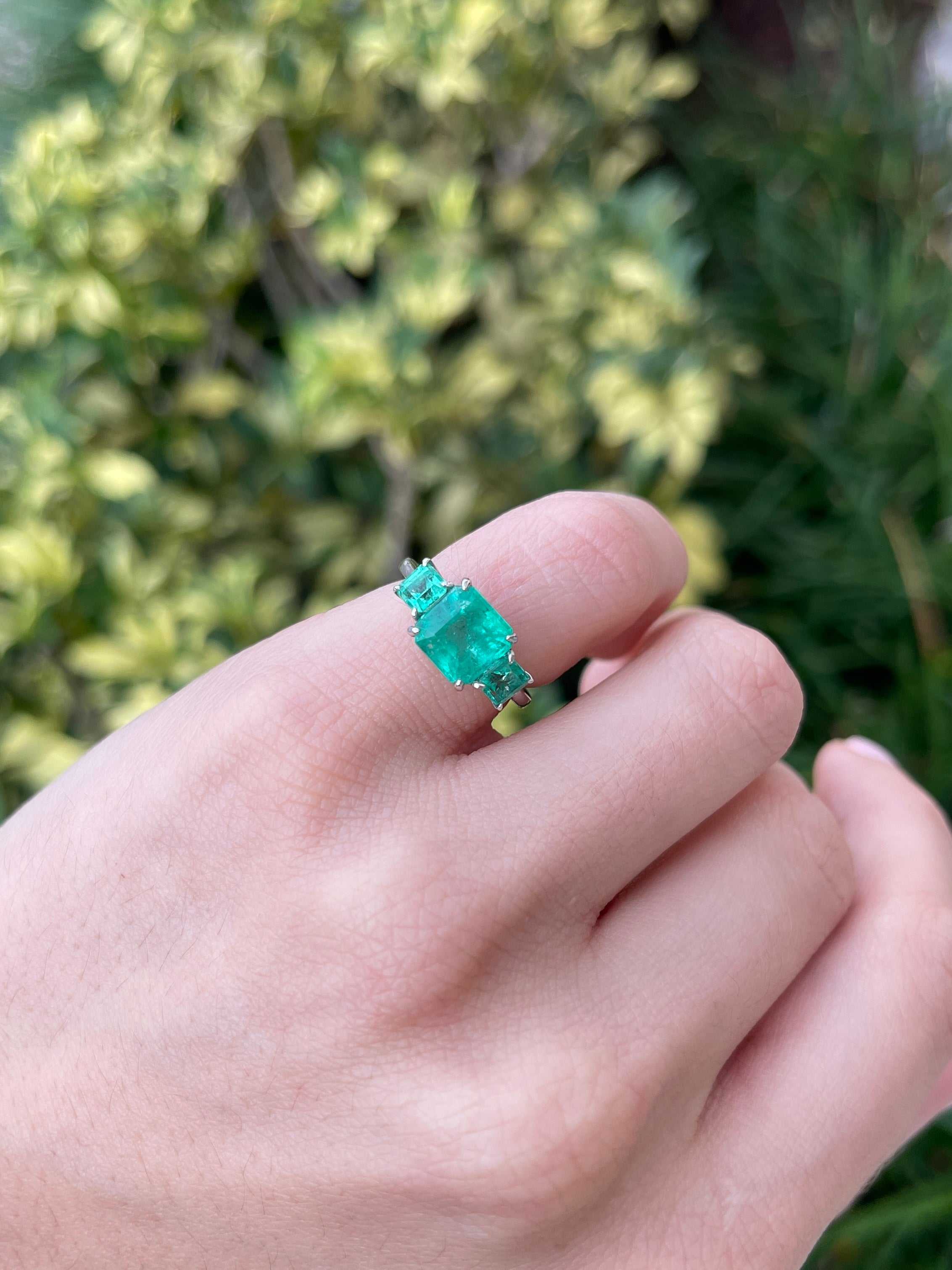 3.37tcw 18K Vivid Asscher Cut Emerald Three Stone Right Hand Engagement Trilogy Ring - JR Colombian Emeralds