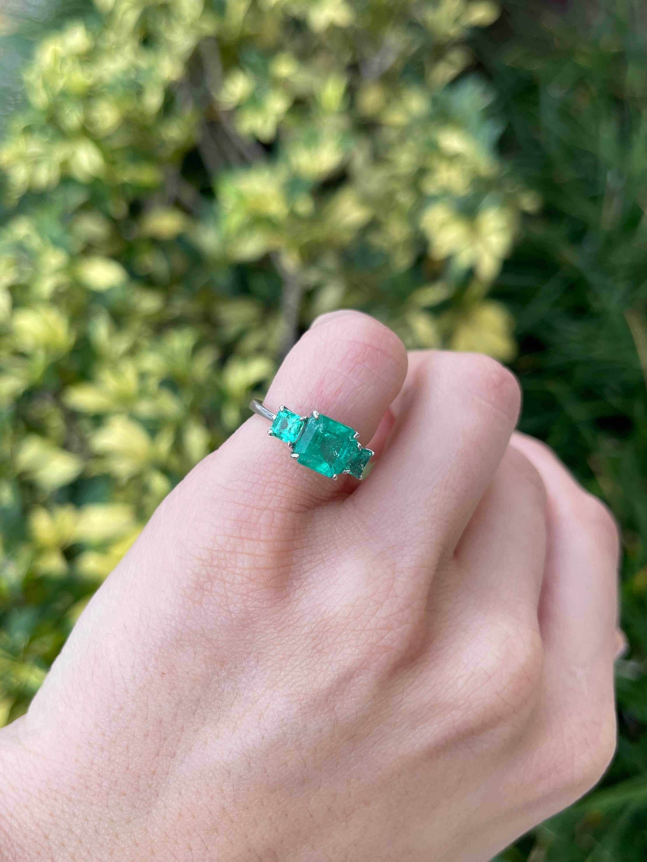 3.37tcw 18K Vivid Asscher Cut Emerald Three Stone Right Hand Engagement Trilogy Ring - JR Colombian Emeralds
