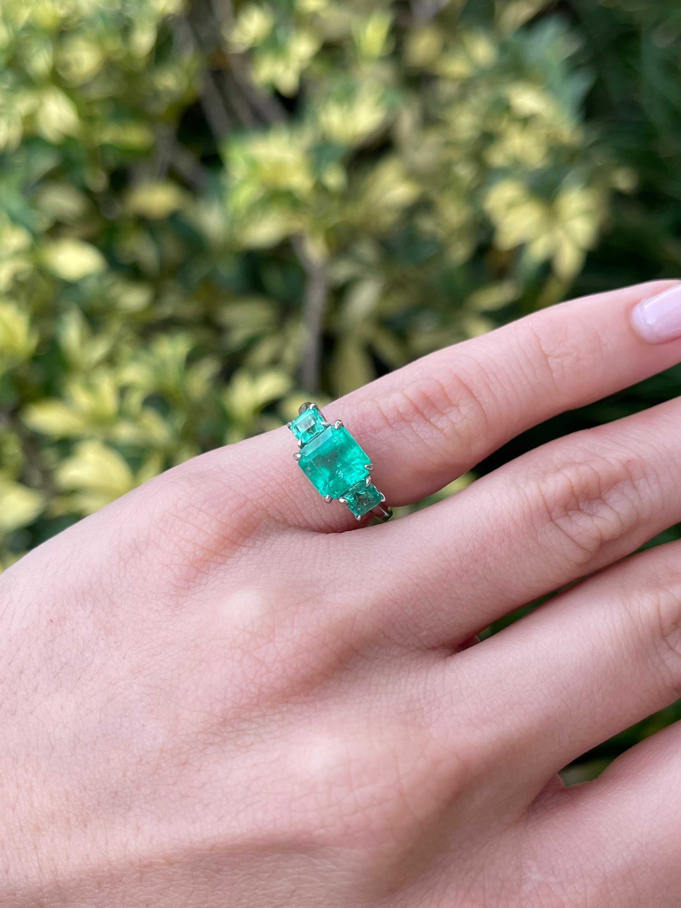 3.37tcw 18K Vivid Asscher Cut Emerald Three Stone Right Hand Engagement Trilogy Ring - JR Colombian Emeralds