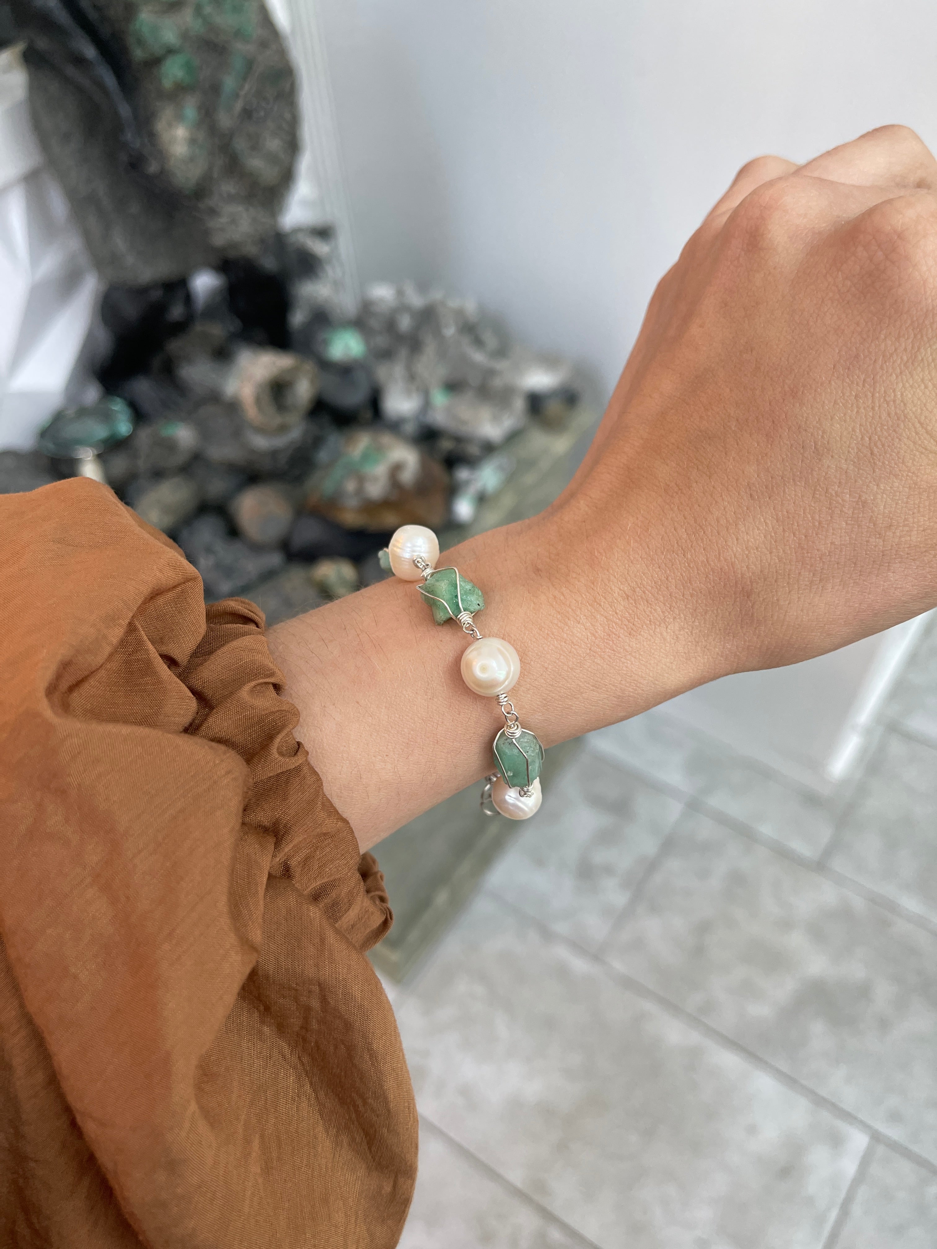 As seen on Instagram: Rough Colombian Emerald & Fresh Water Pearl Bracelet Sterling Silver - JR Colombian Emeralds