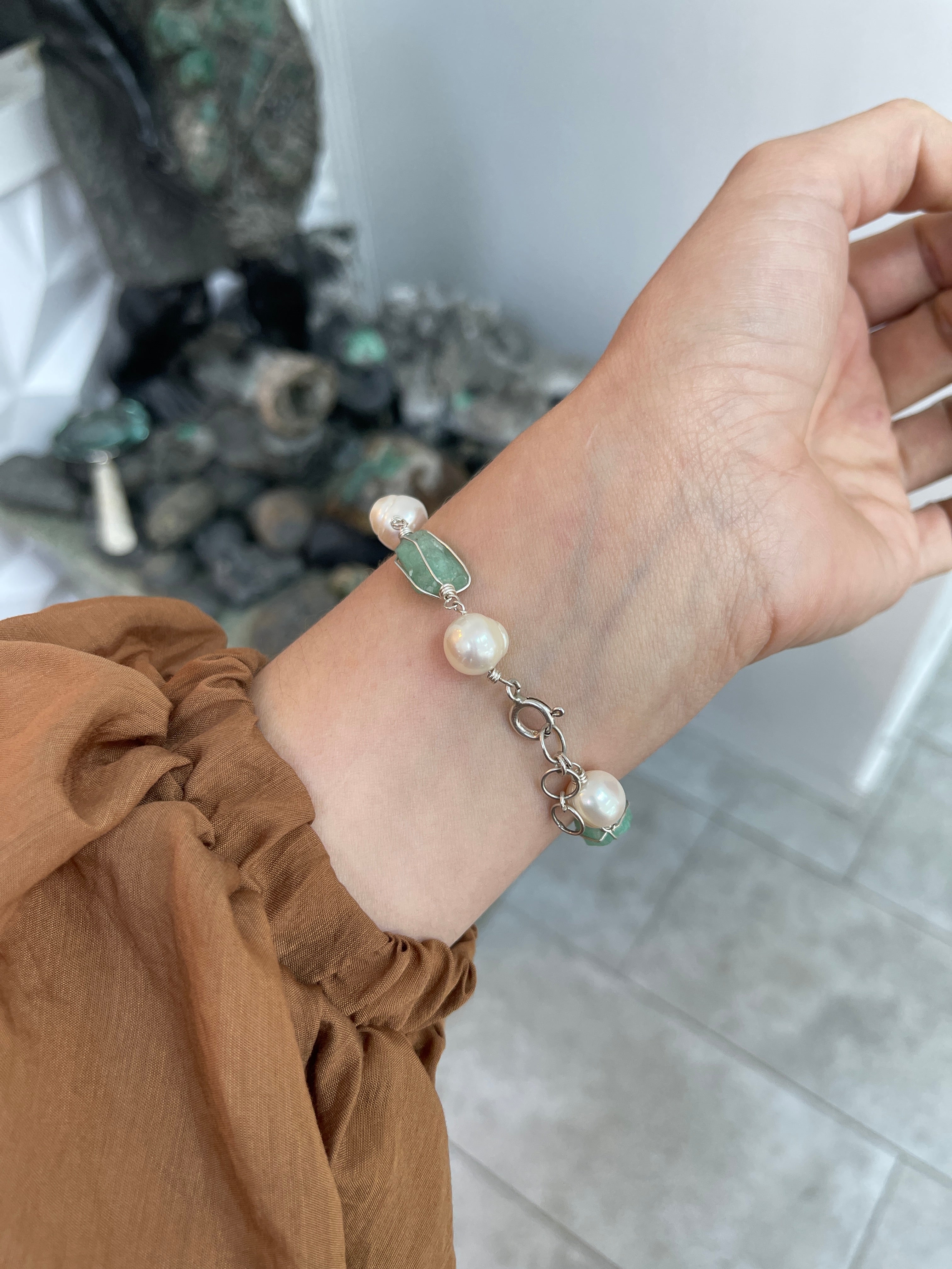 As seen on Instagram: Rough Colombian Emerald & Fresh Water Pearl Bracelet Sterling Silver - JR Colombian Emeralds