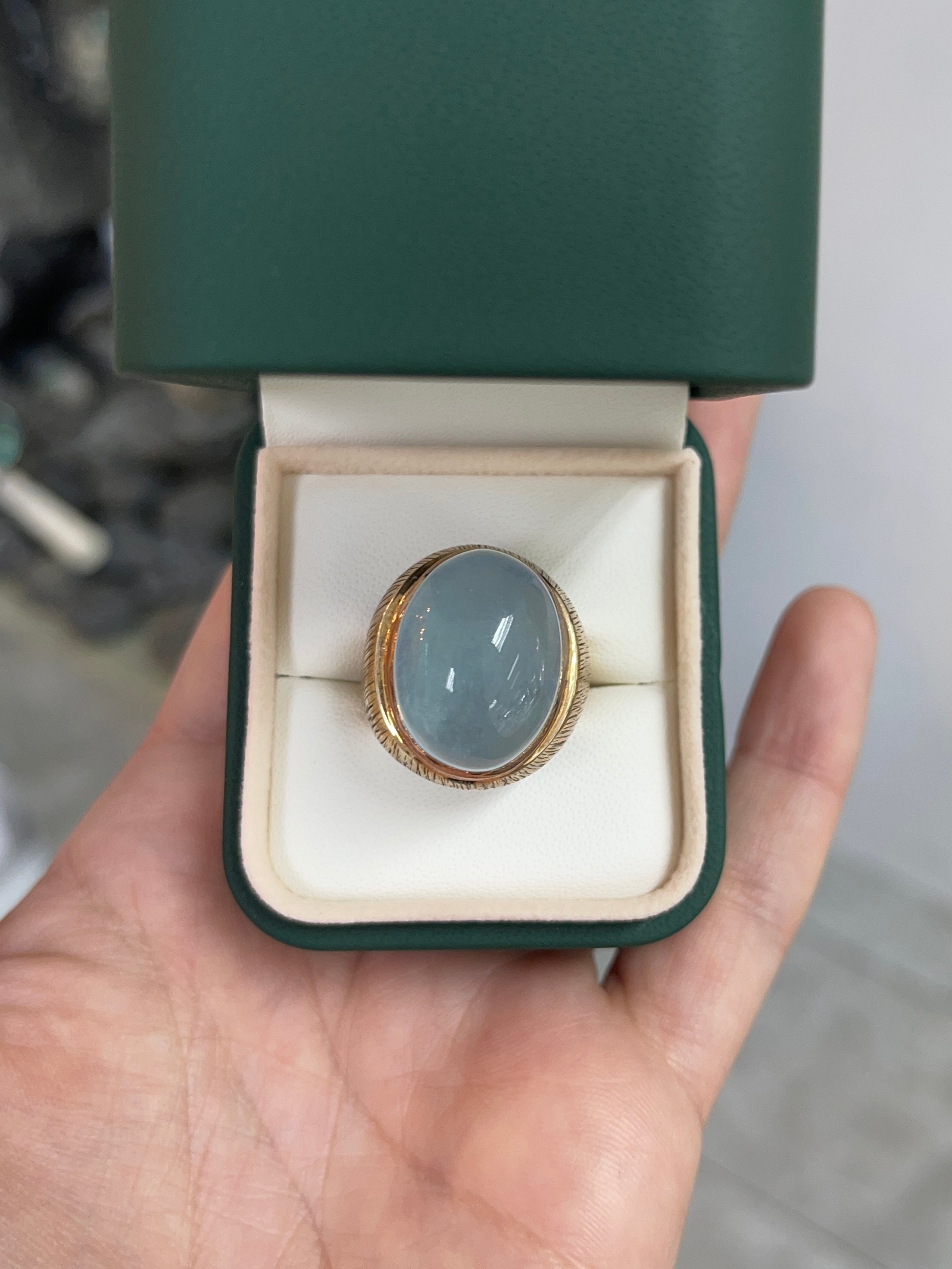 26.97ct 14K Huge Oval Cabochon Cut Aquamarine Solitaire Bluish-Gray Unisex Men's Statement Solitaire Ring - JR Colombian Emeralds