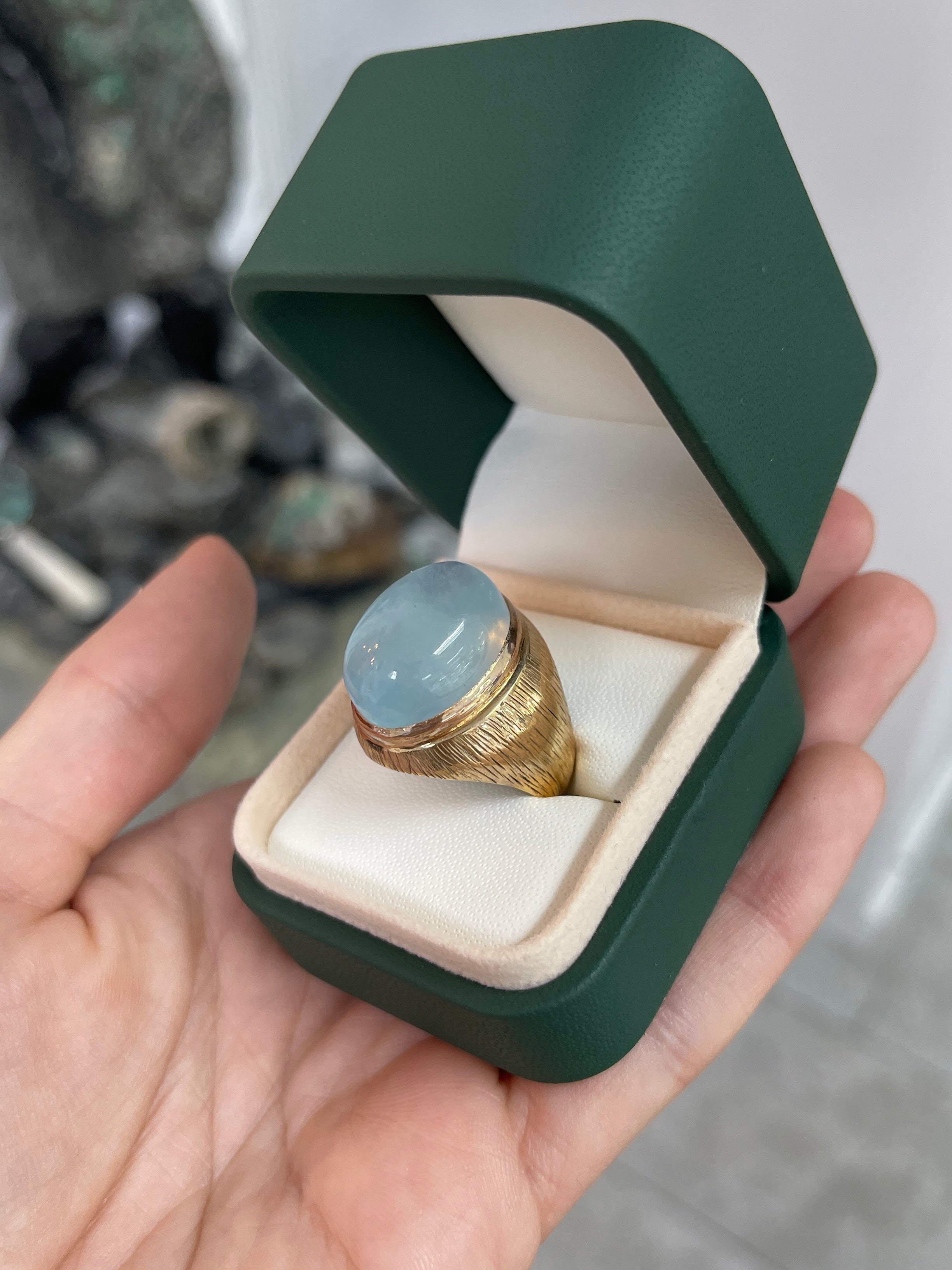 26.97ct 14K Huge Oval Cabochon Cut Aquamarine Solitaire Bluish-Gray Unisex Men's Statement Solitaire Ring - JR Colombian Emeralds