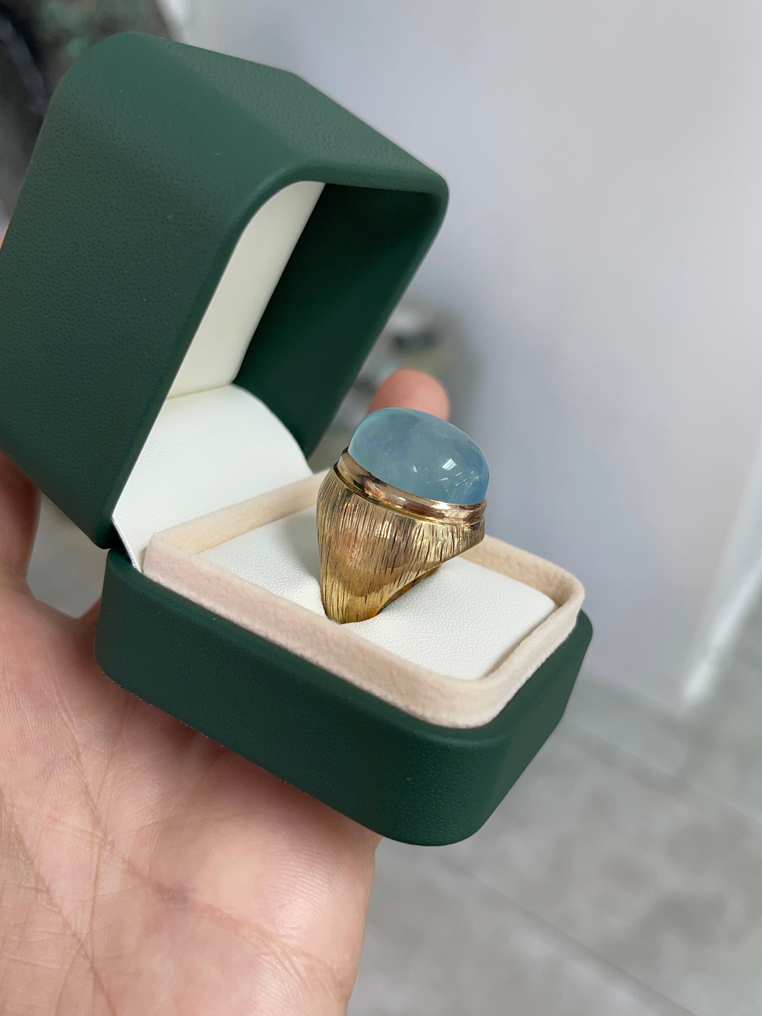 26.97ct 14K Huge Oval Cabochon Cut Aquamarine Solitaire Bluish-Gray Unisex Men's Statement Solitaire Ring - JR Colombian Emeralds