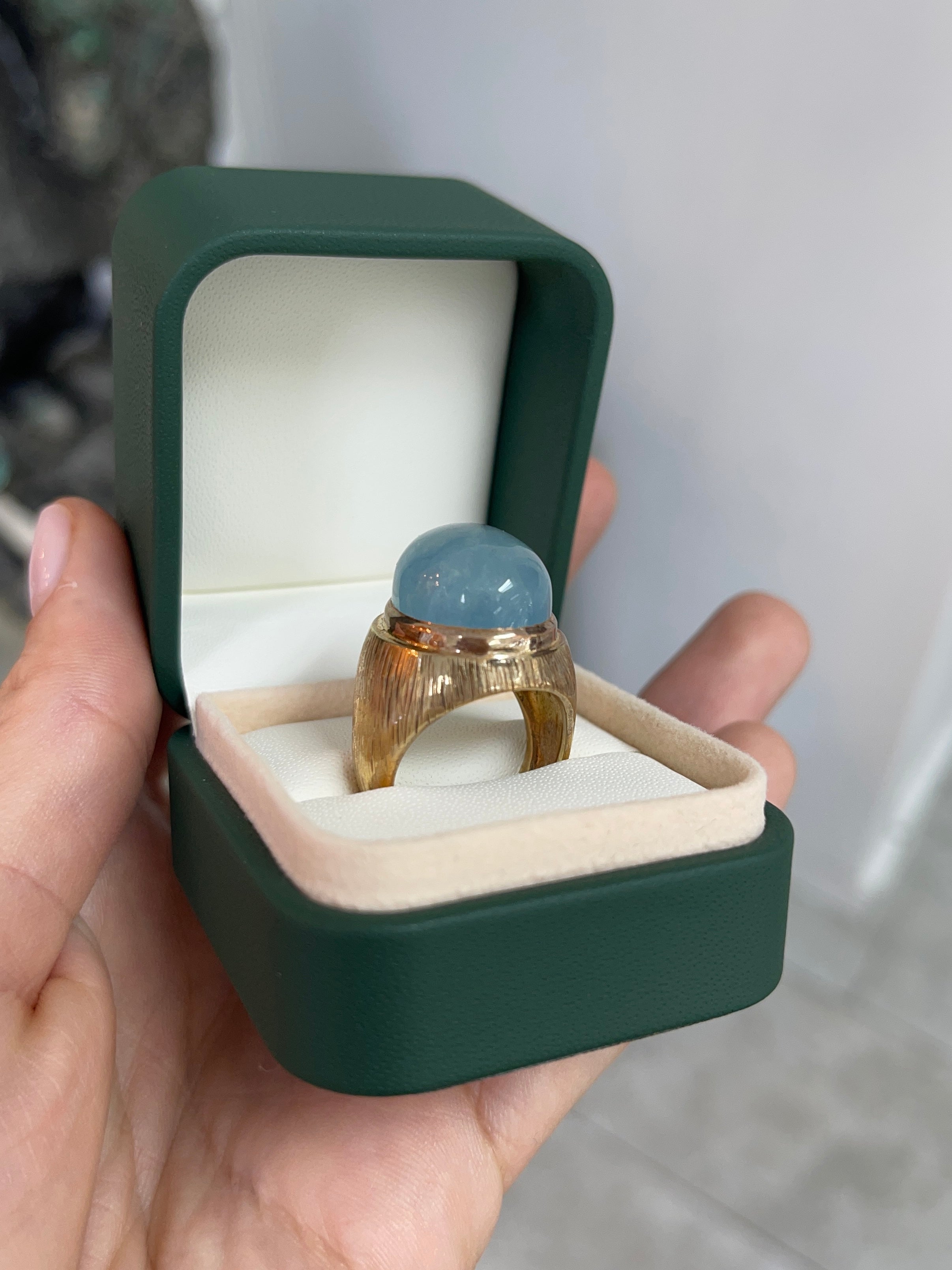 26.97ct 14K Huge Oval Cabochon Cut Aquamarine Solitaire Bluish-Gray Unisex Men's Statement Solitaire Ring - JR Colombian Emeralds