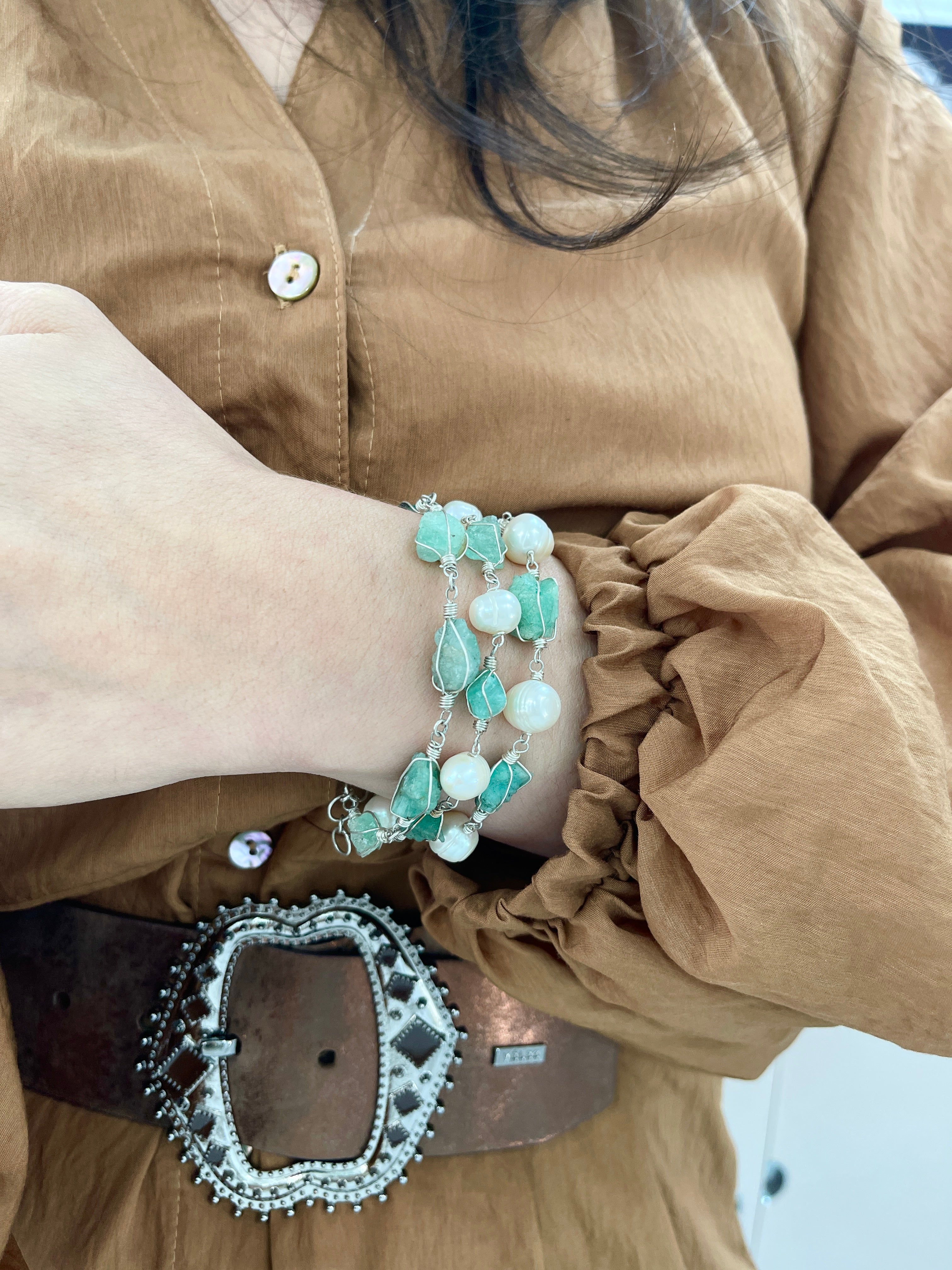As seen on Instagram: Rough Colombian Emerald & Fresh Water Pearl Bracelet Sterling Silver - JR Colombian Emeralds