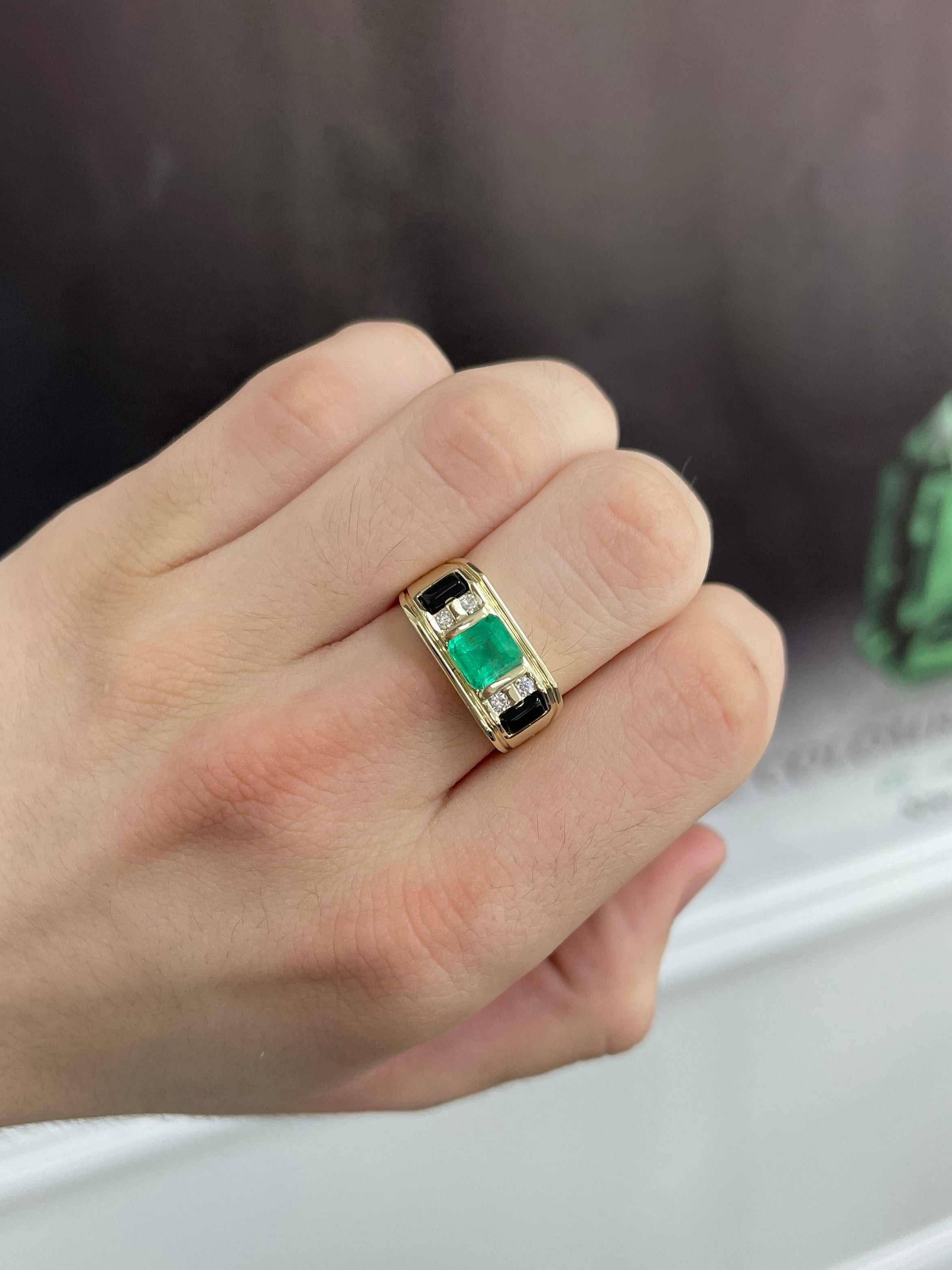 3.07tcw Men's Natural Colombian Emerald Black Onyx & Diamond Ring Gold 14K