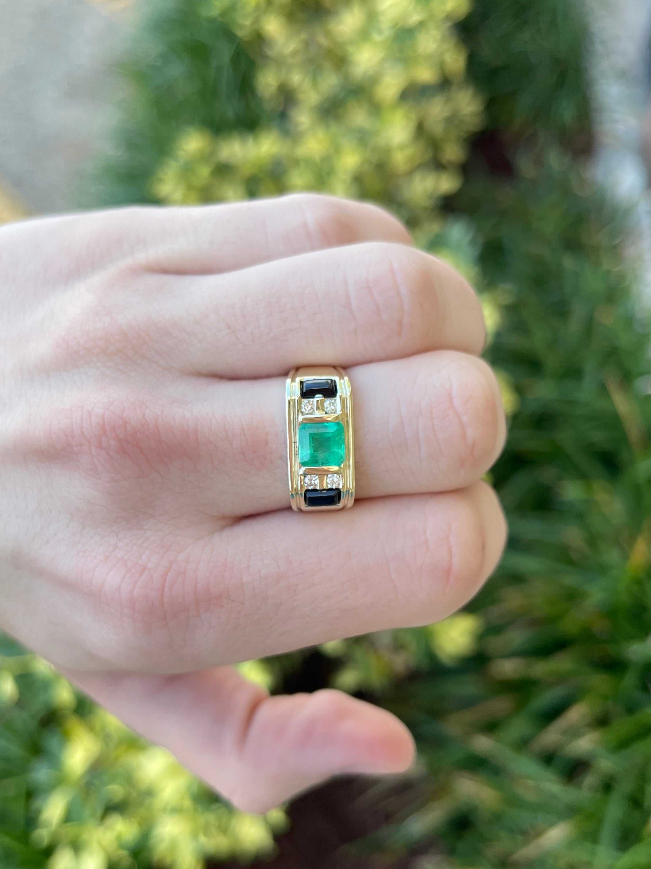 3.07tcw Men's Natural Colombian Emerald Black Onyx & Diamond Ring Gold 14K