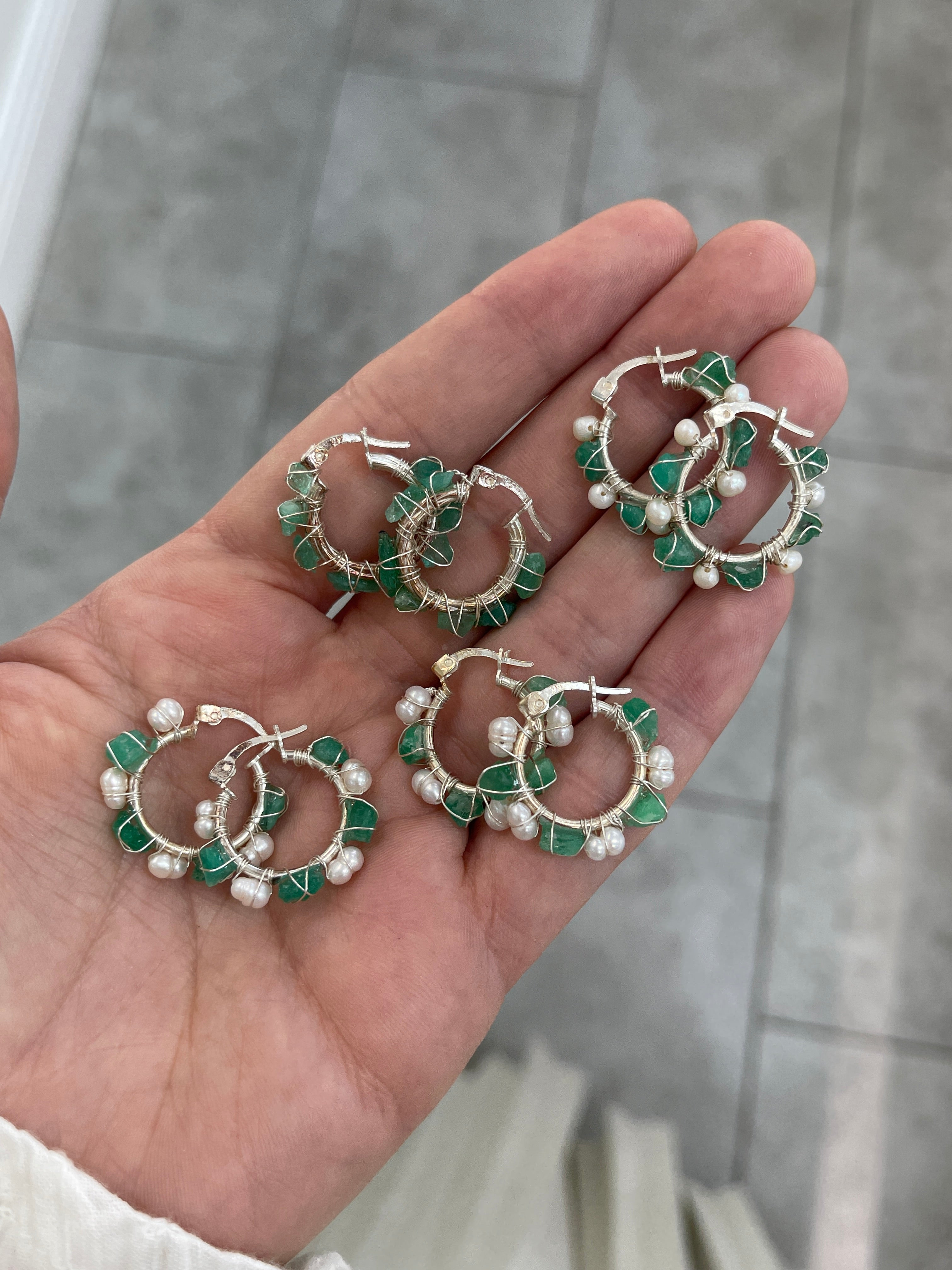 As seen on Instagram: Rough Colombian Emerald & Pearl Hoop Earrings Sterling Silver - JR Colombian Emeralds