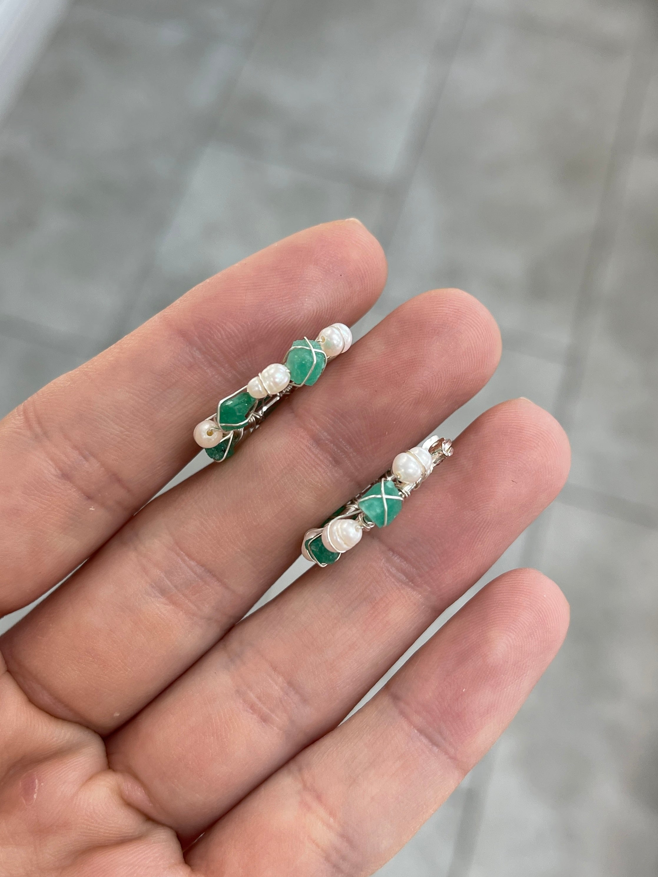 As seen on Instagram: Rough Colombian Emerald & Pearl Hoop Earrings Sterling Silver - JR Colombian Emeralds