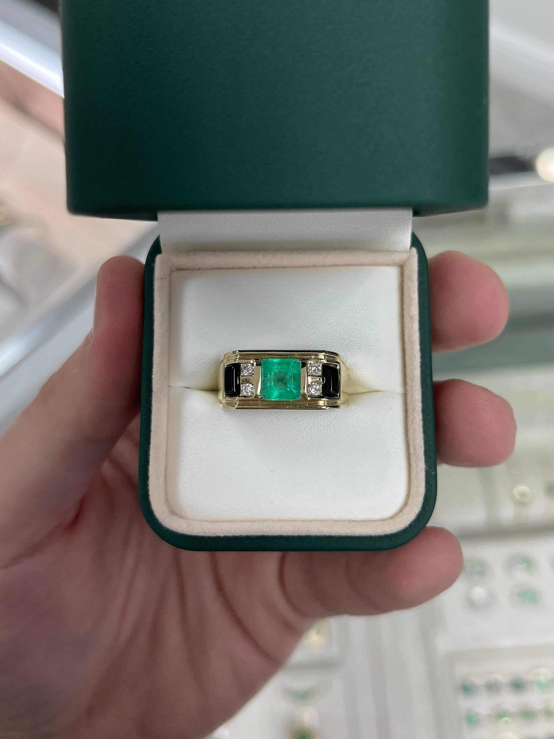 3.07tcw Men's Natural Colombian Emerald Black Onyx & Diamond Ring Gold 14K