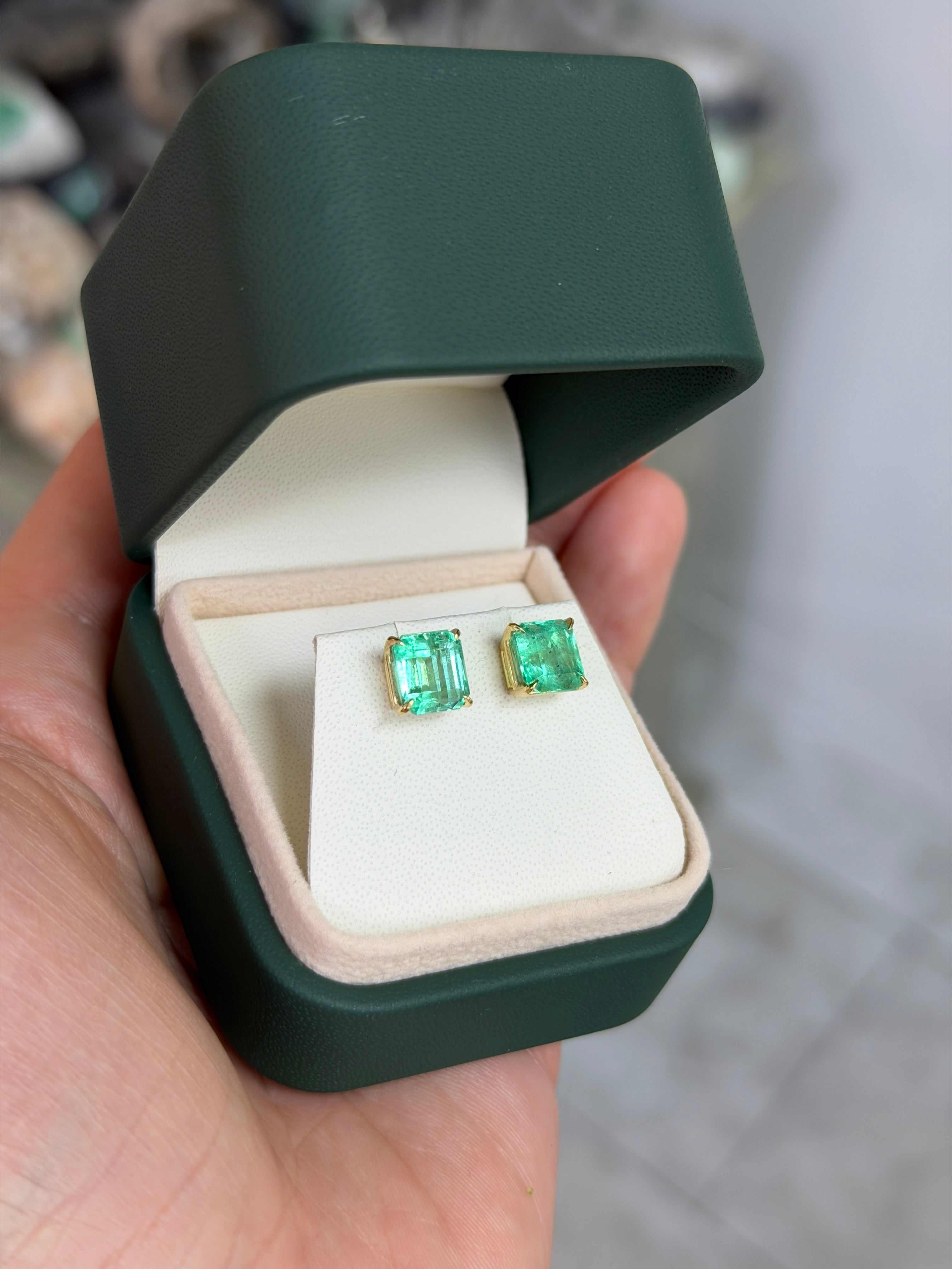 4.09tcw 7.5mm x 7mm Vivacious Asscher Cut Colombian Emerald 18K Studs