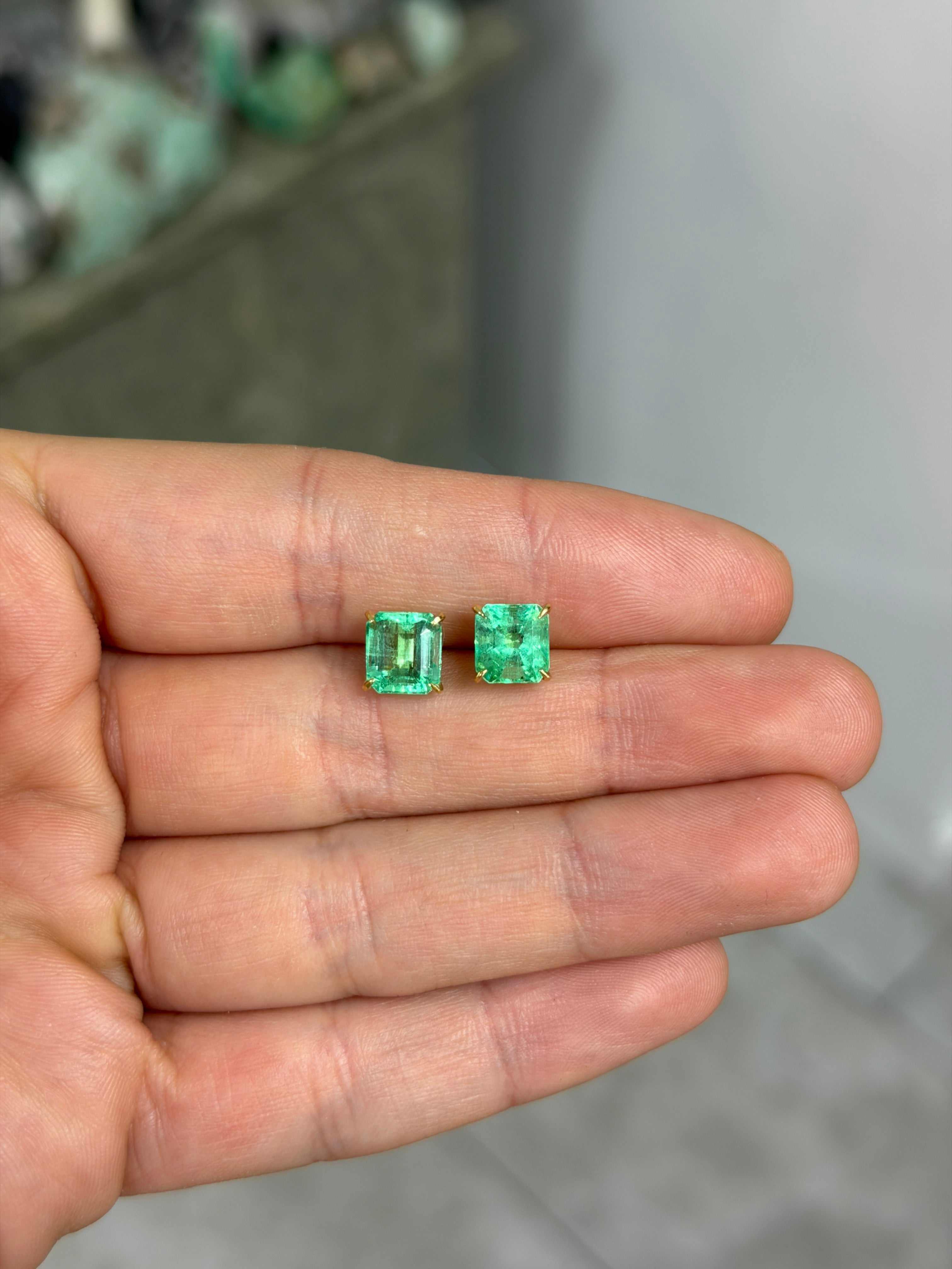 4.09tcw 7.5mm x 7mm Vivacious Asscher Cut Colombian Emerald 18K Studs