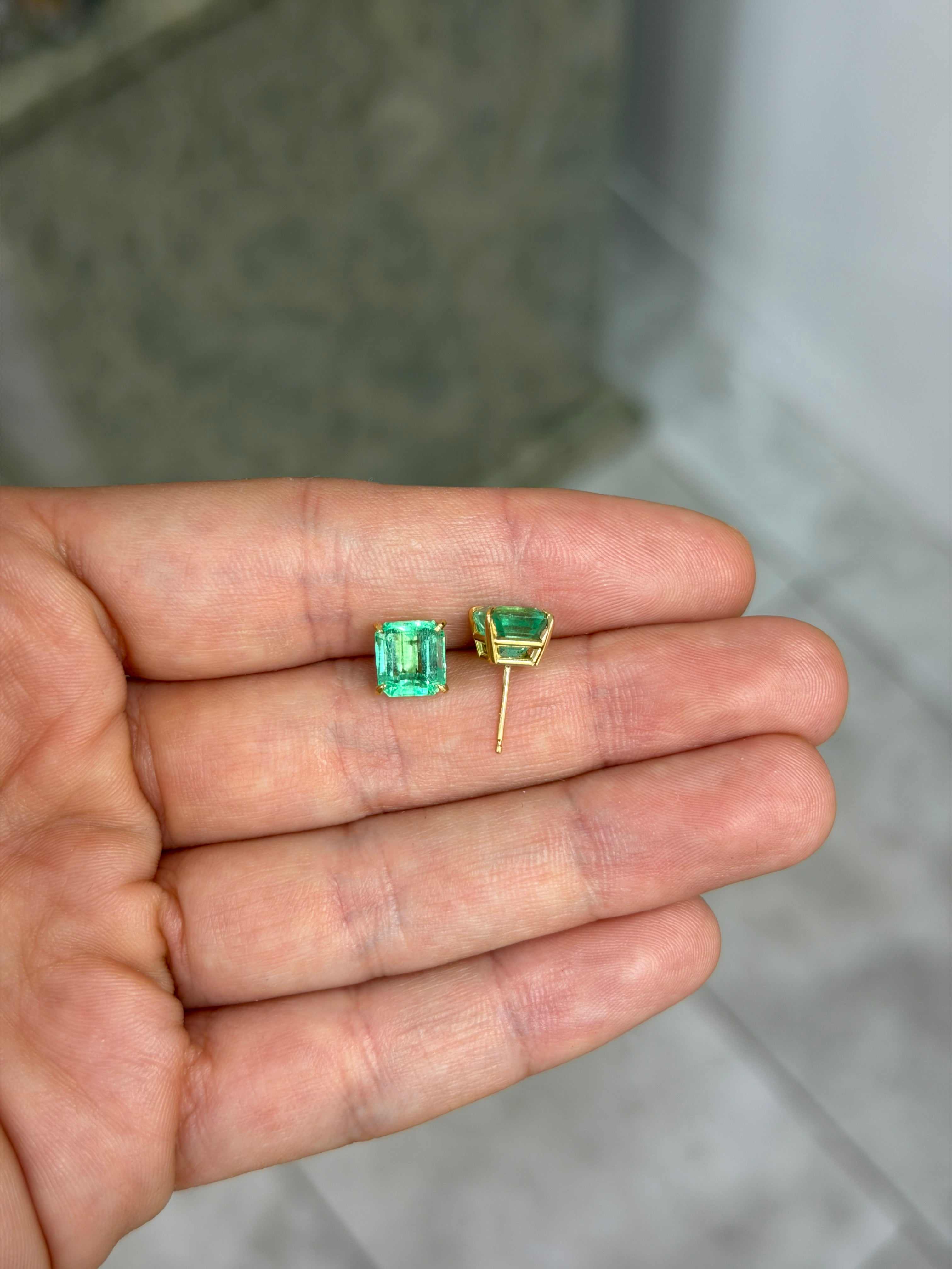 4.09tcw 7.5mm x 7mm Vivacious Asscher Cut Colombian Emerald 18K Studs