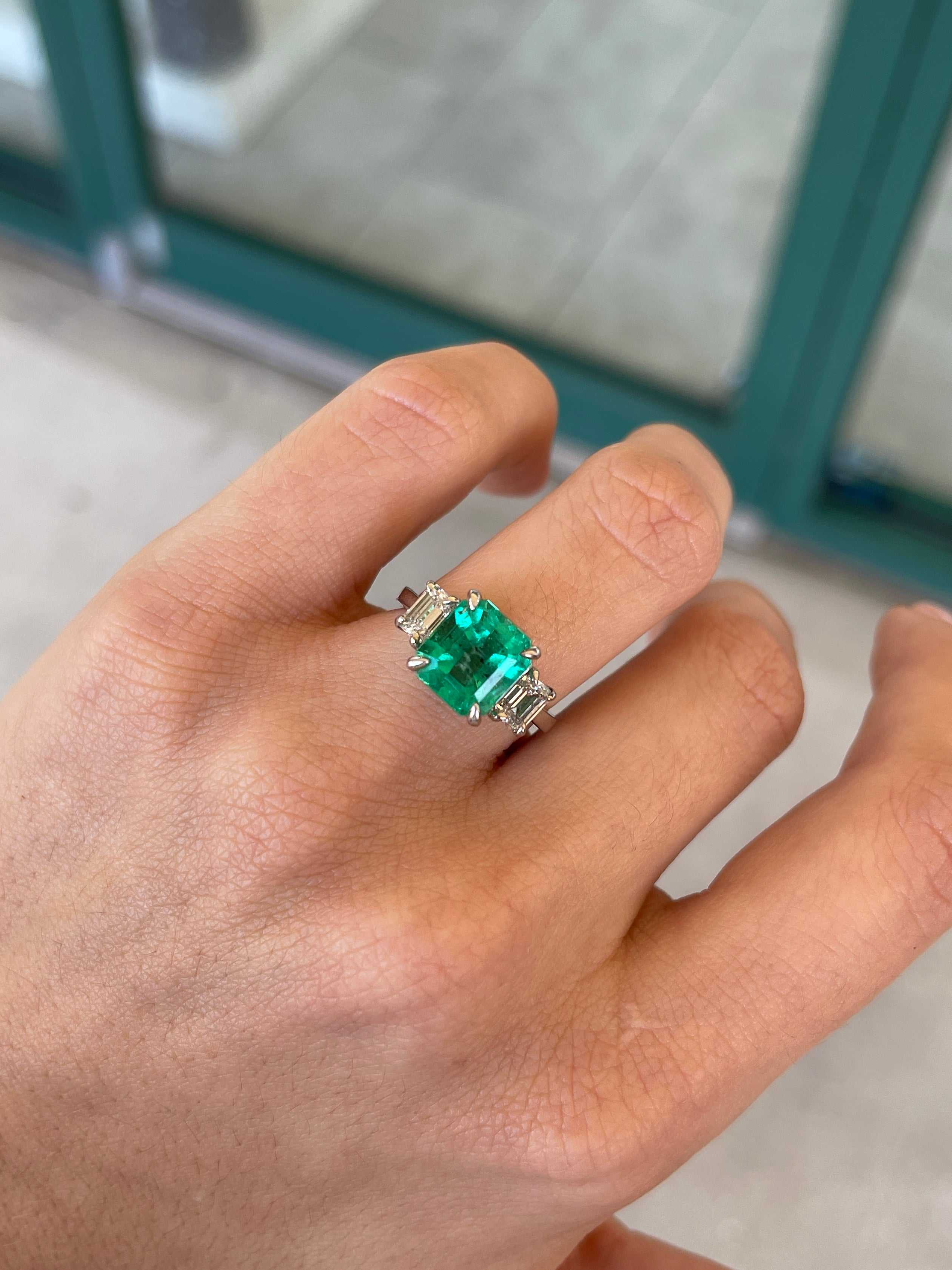 5.10tcw 18K Rich Vivid Green Colombian Emerald & Diamond Three Stone Prong Set Ring - JR Colombian Emeralds