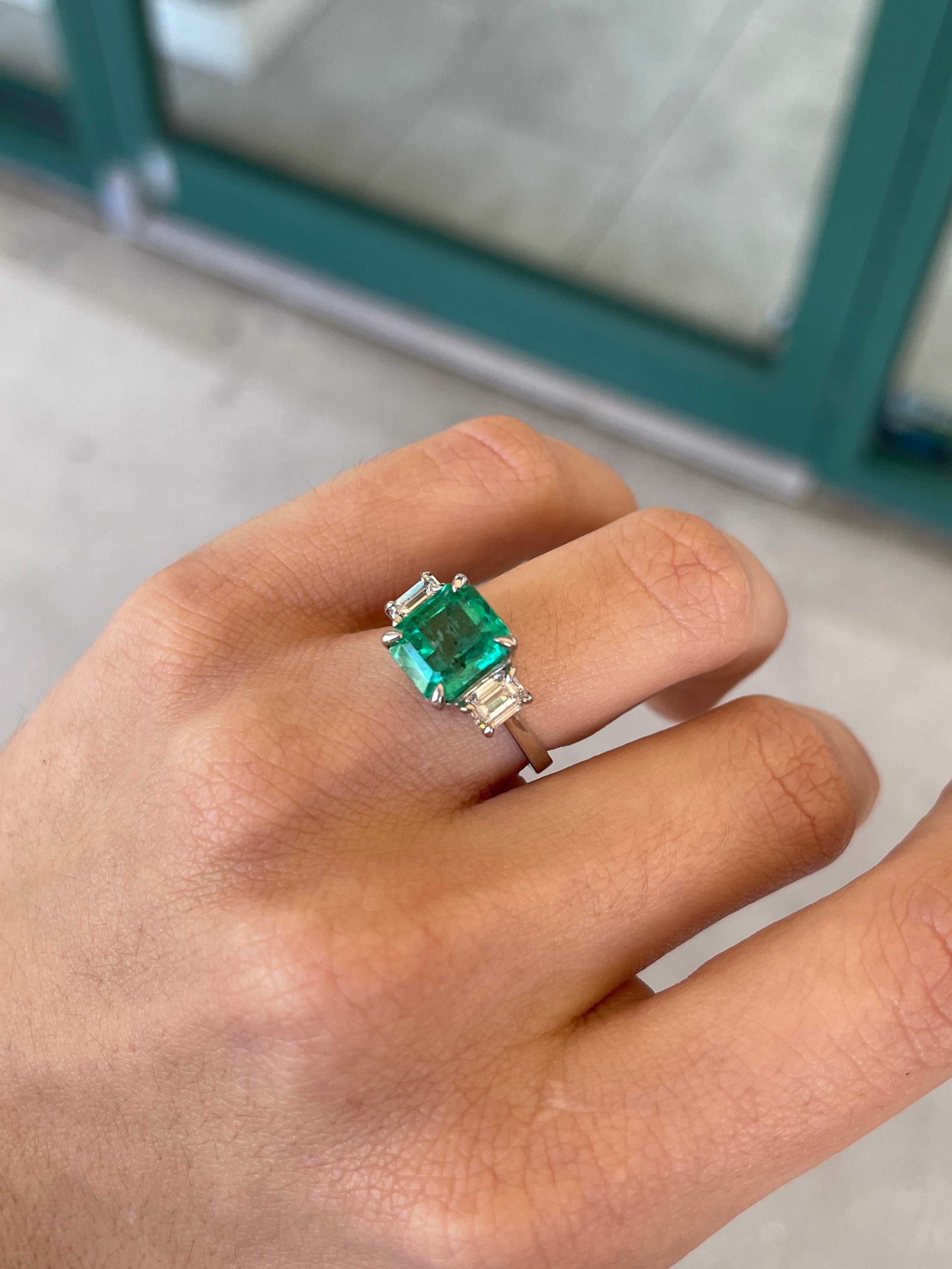 5.10tcw 18K Rich Vivid Green Colombian Emerald & Diamond Three Stone Prong Set Ring - JR Colombian Emeralds