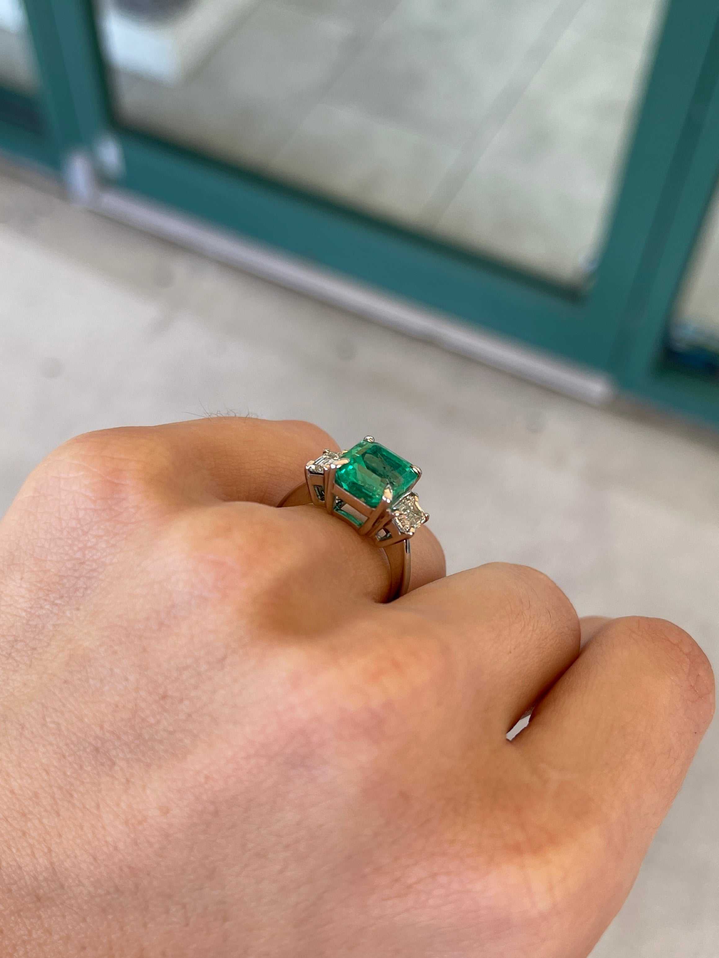 5.10tcw 18K Rich Vivid Green Colombian Emerald & Diamond Three Stone Prong Set Ring - JR Colombian Emeralds