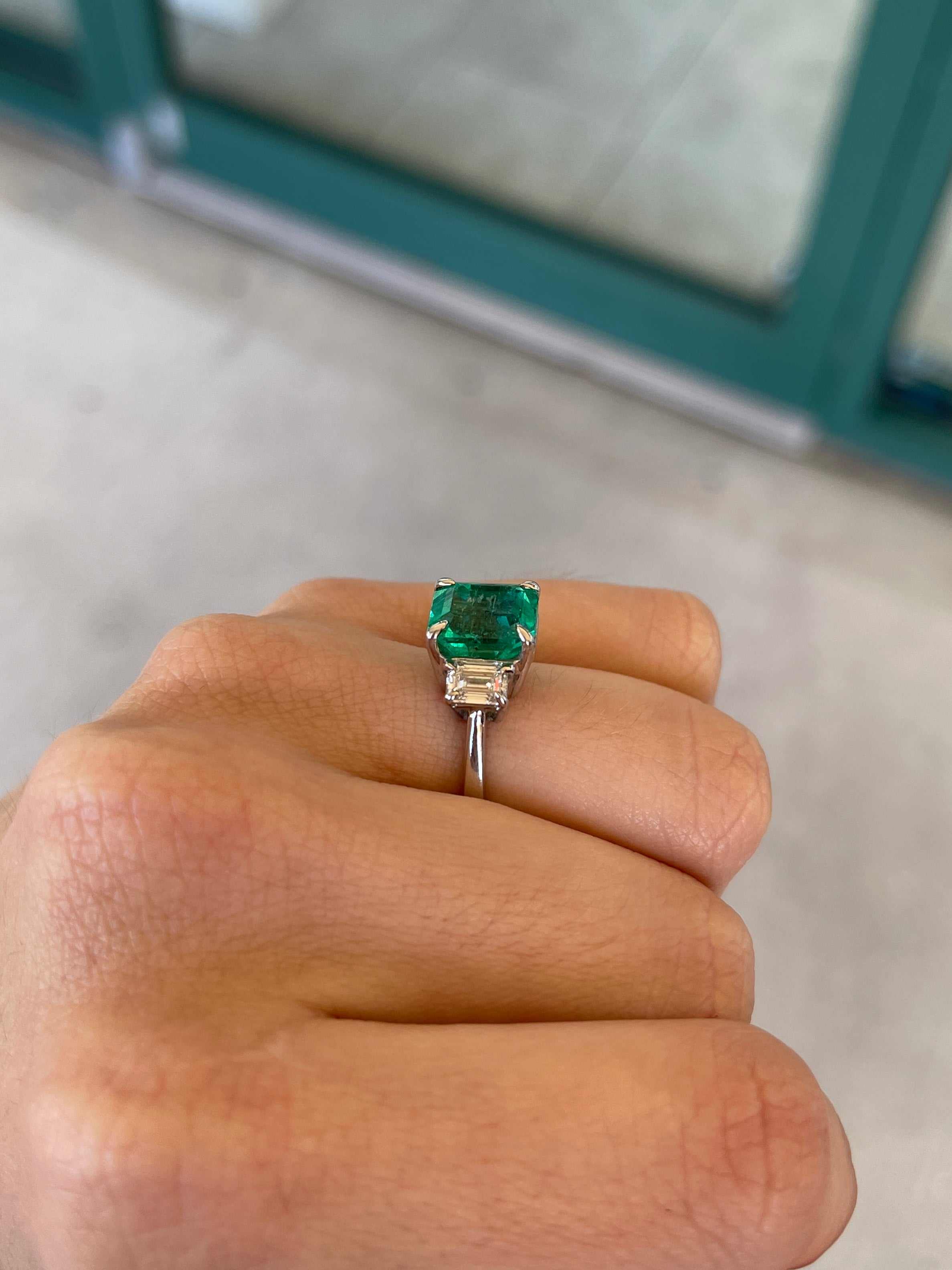 5.10tcw 18K Rich Vivid Green Colombian Emerald & Diamond Three Stone Prong Set Ring - JR Colombian Emeralds