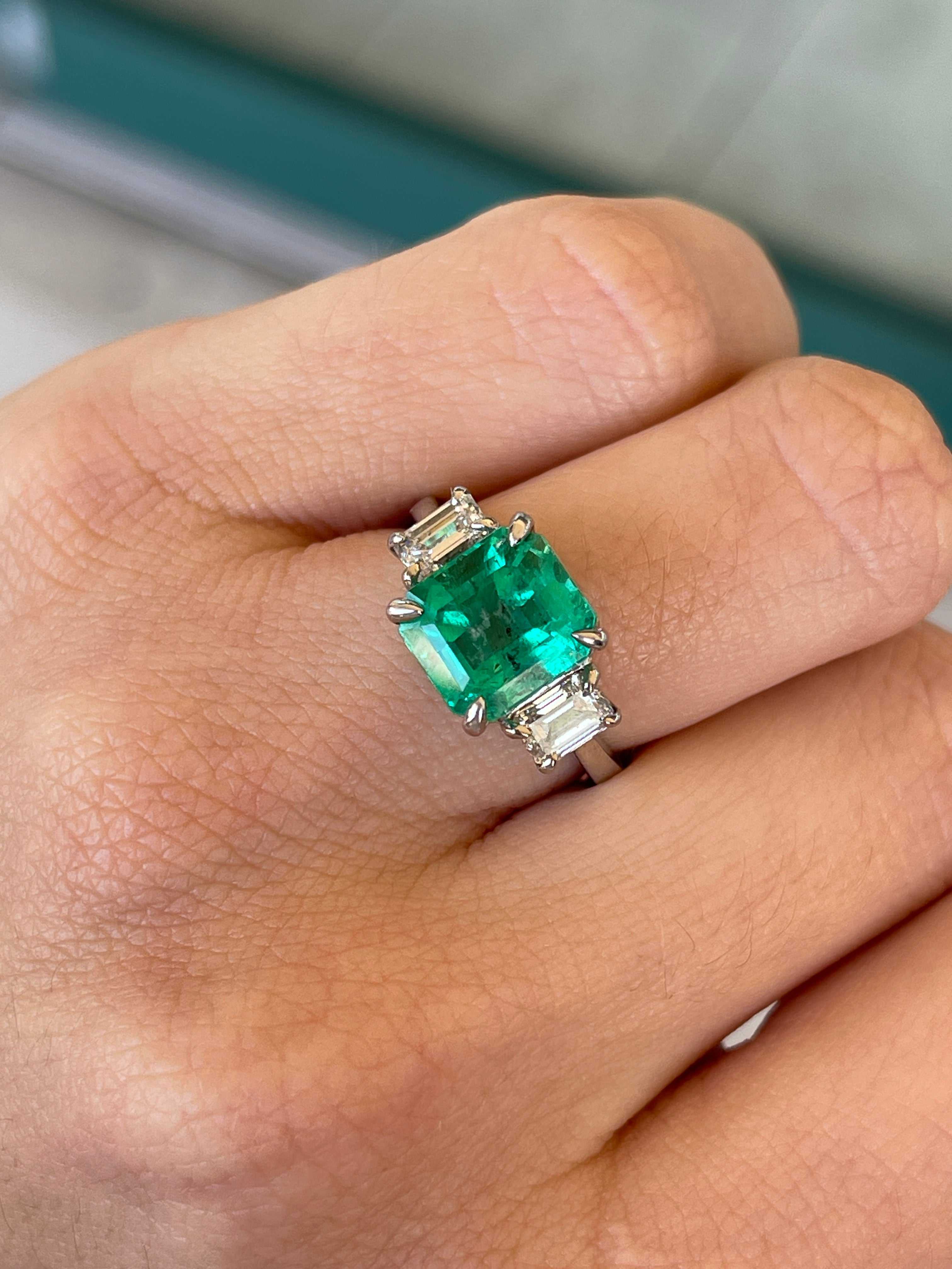 5.10tcw 18K Rich Vivid Green Colombian Emerald & Diamond Three Stone Prong Set Ring - JR Colombian Emeralds