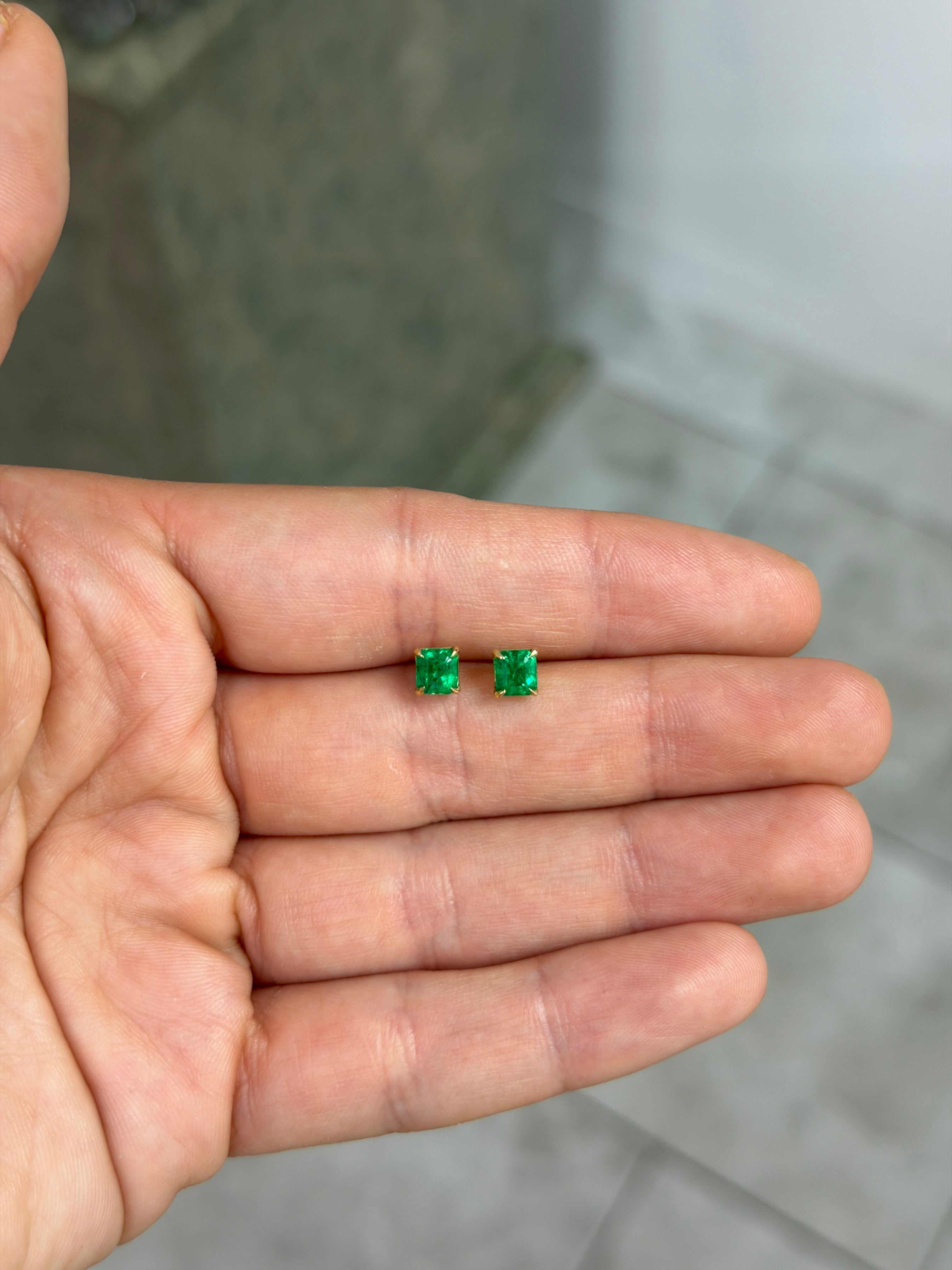 1.26tcw AAA+ Everyday Asscher Cut Colombian Emerald Studs 18K