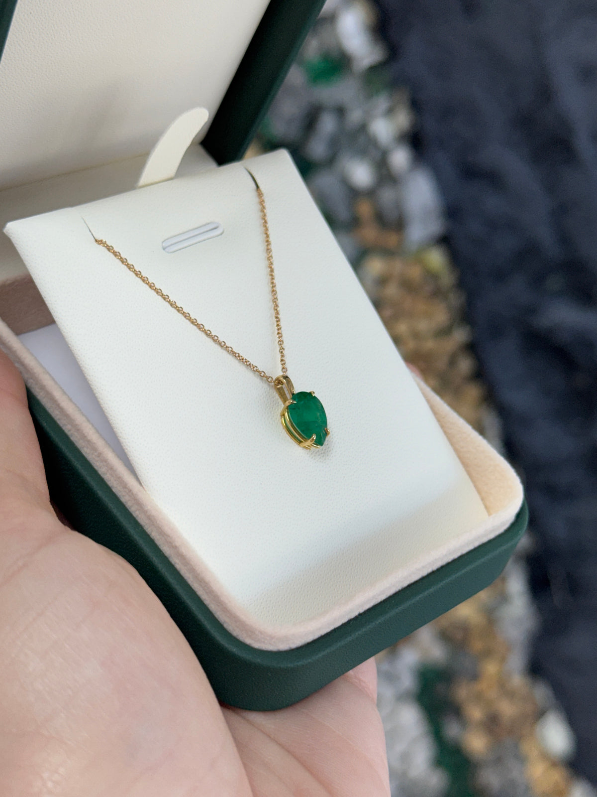 1.70 Carat Emerald Solitaire Pear Gold Inverted Pendant 18K