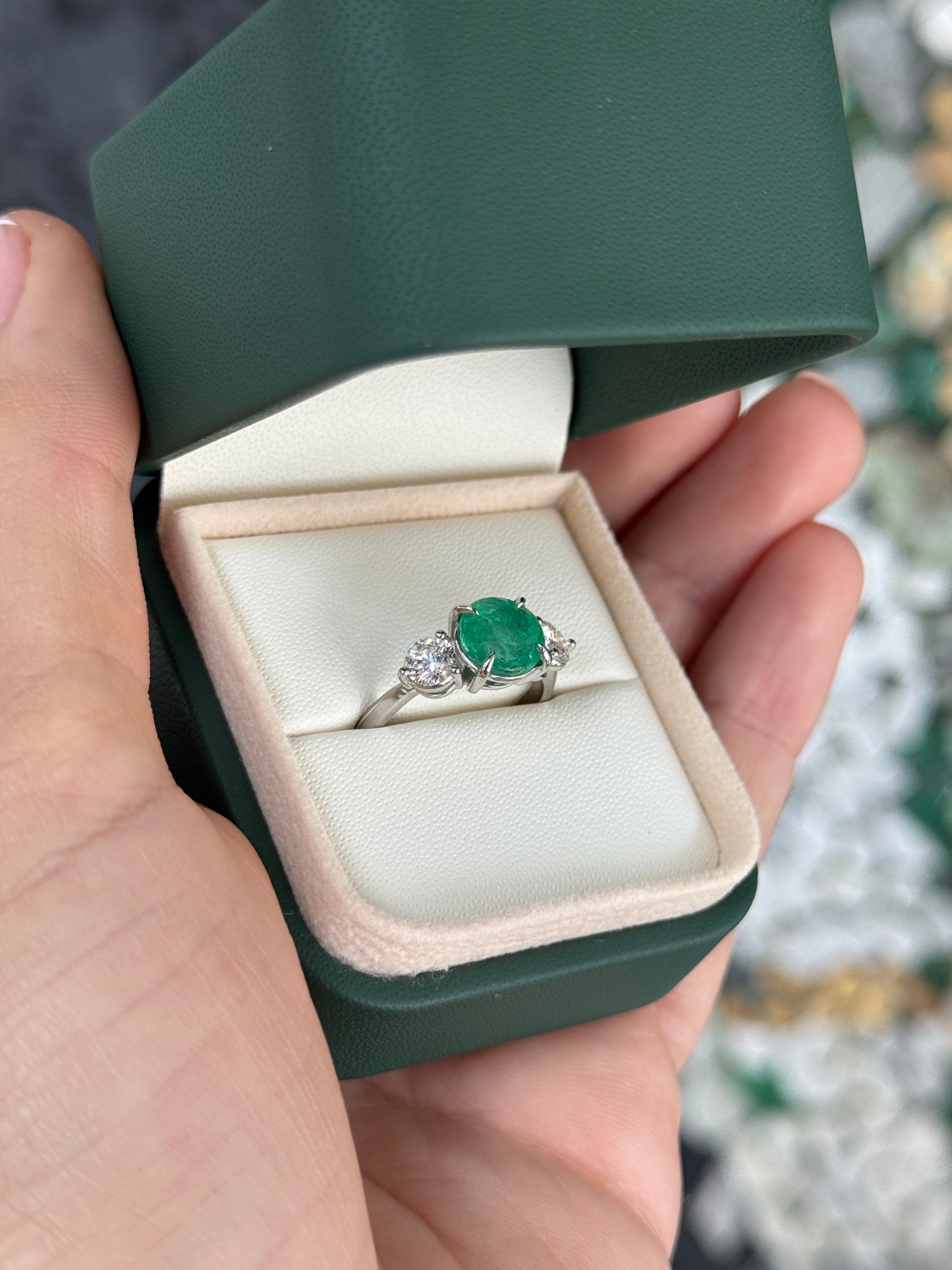 14K white gold 2.91tcw emerald and diamond 3-stone engagement ring by JR Colombian Emeralds, showcasing a classic design.