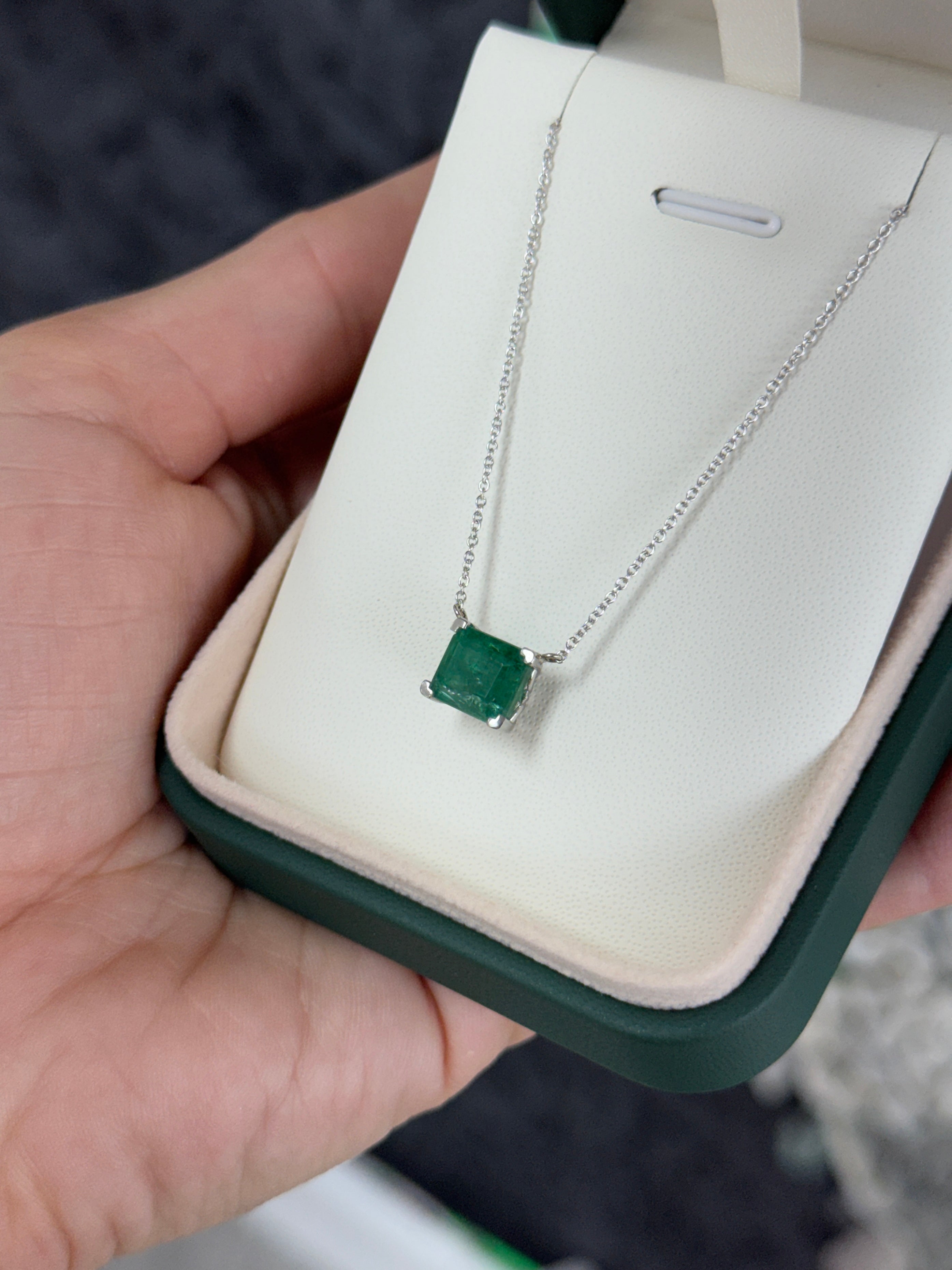 18K white gold emerald solitaire necklace with a 2.99 carat natural emerald from JR Colombian Emeralds.