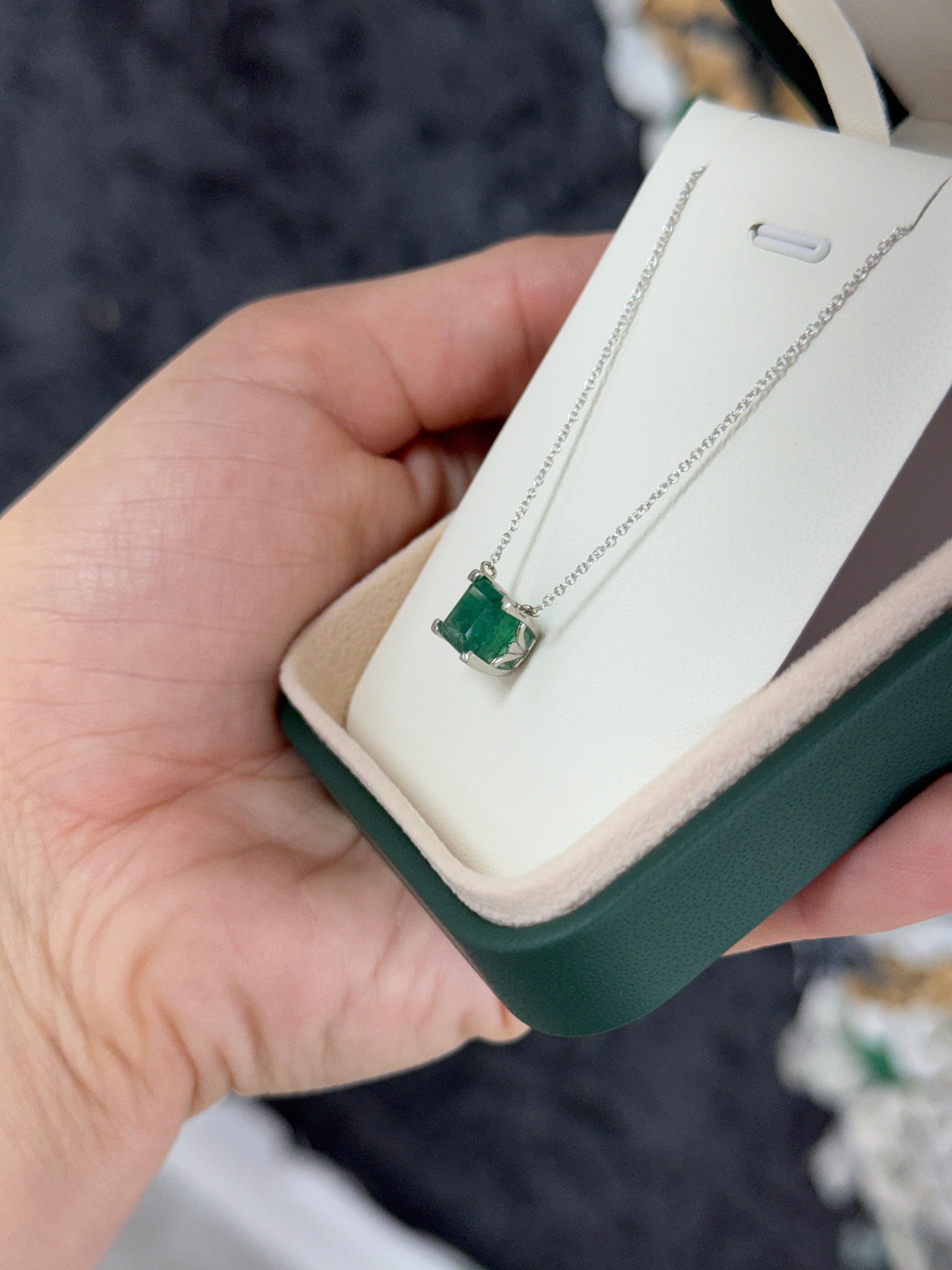18K gold white gold emerald solitaire necklace featuring a 2.99 carat natural emerald from JR Colombian Emeralds.