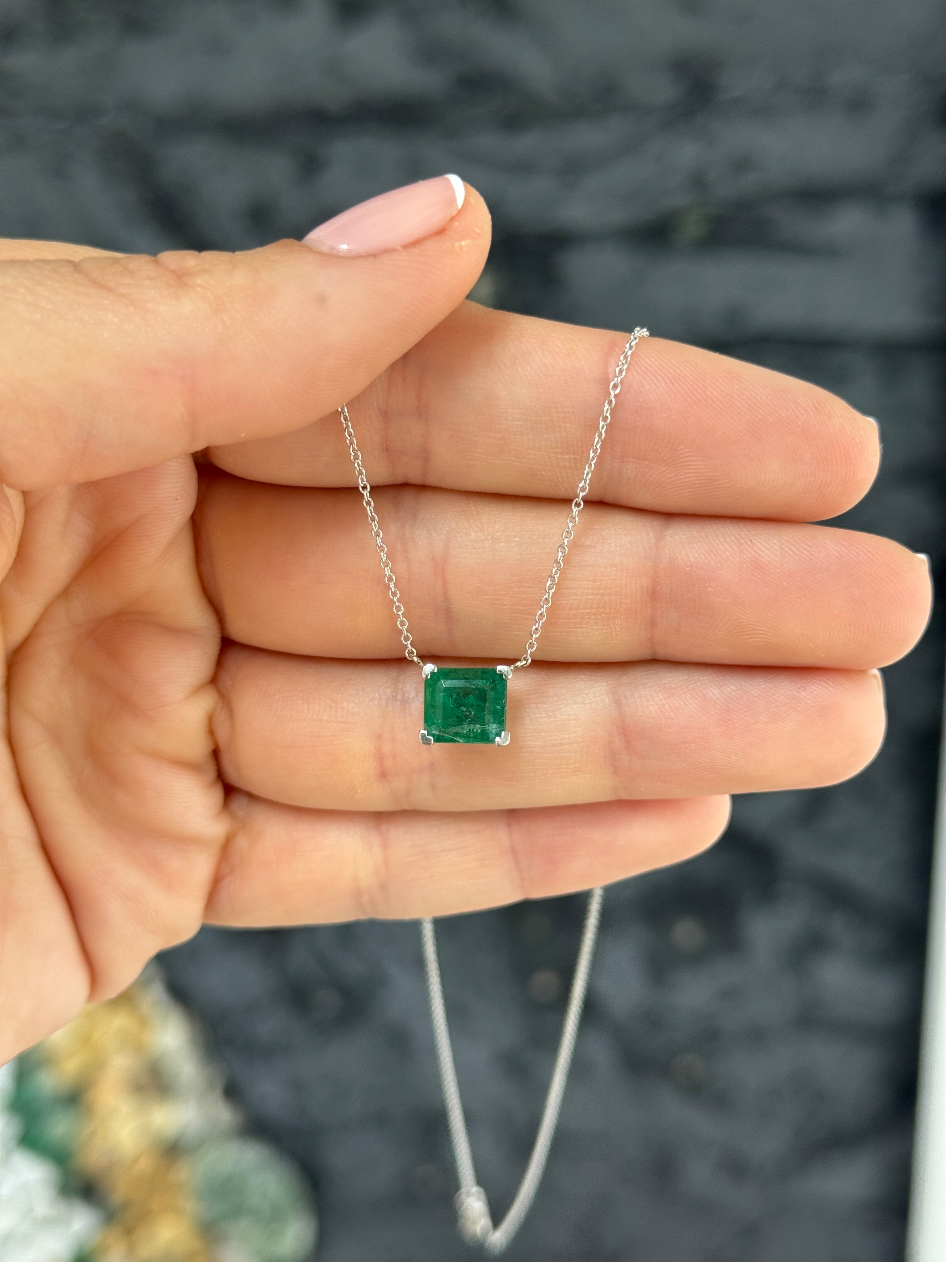 18K white gold emerald solitaire necklace with a 2.99 carat natural emerald, from JR Colombian Emeralds.