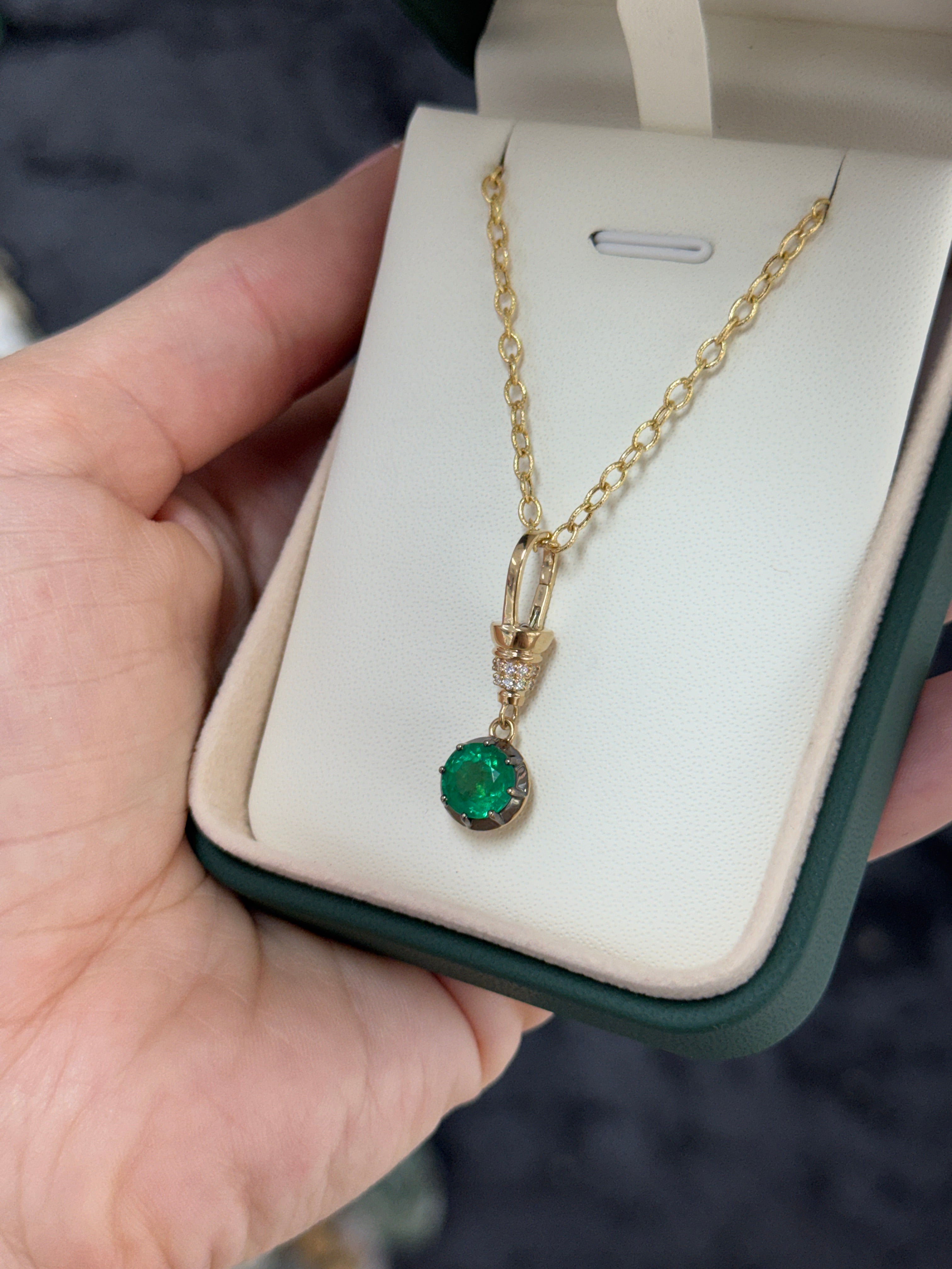 14K natural emerald charm pendant necklace with diamond accents, round cut gemstone, multi-prong setting, by JR Colombian Emeralds.