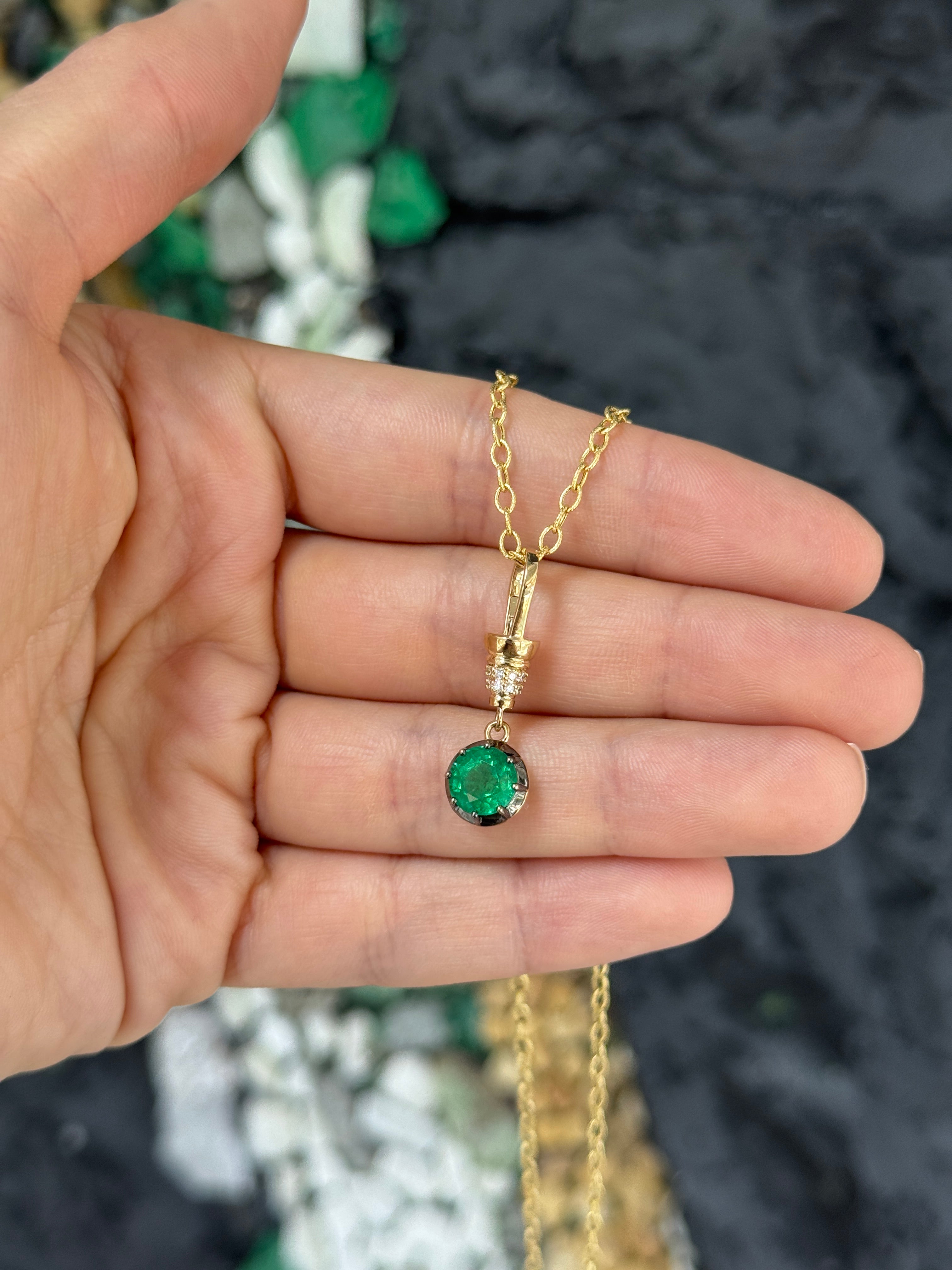 14K gold emerald pendant necklace with round cut emerald and diamond accents, featuring a multi-prong setting from JR Colombian Emeralds.