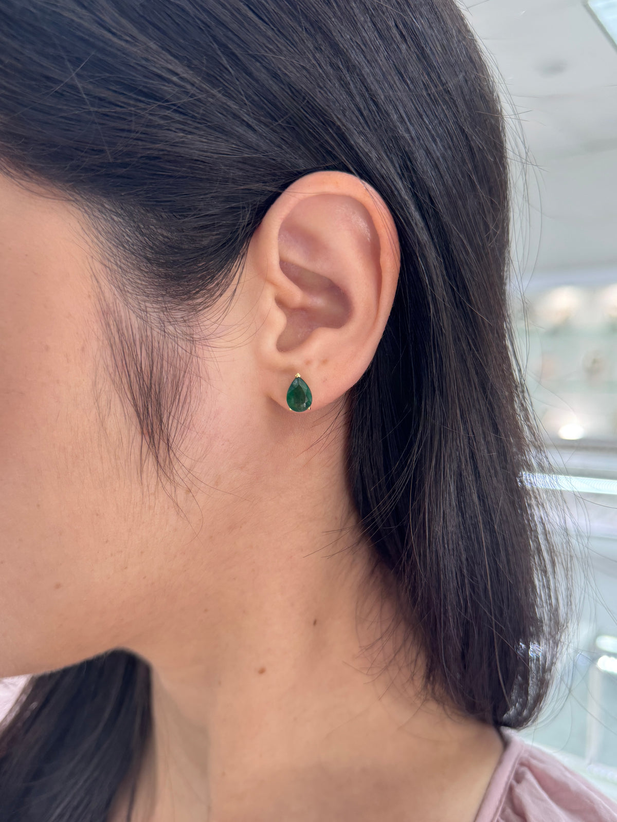 2.15tcw Dark Green Pear Emerald Three Prong Stud Earrings 18K