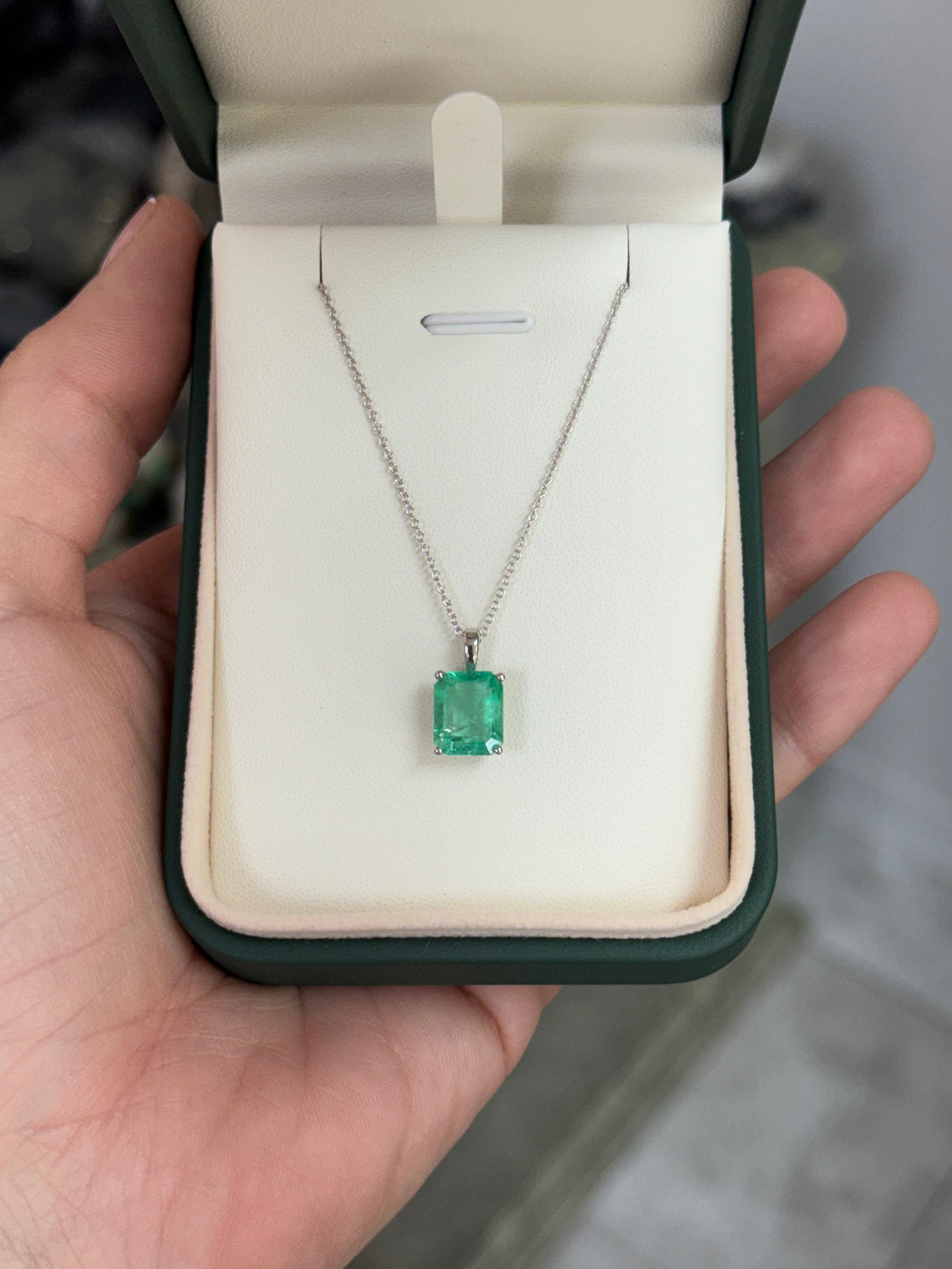 14K white gold Colombian emerald solitaire necklace with a 2.51-carat emerald, elegant jewelry piece by JR Colombian Emeralds.