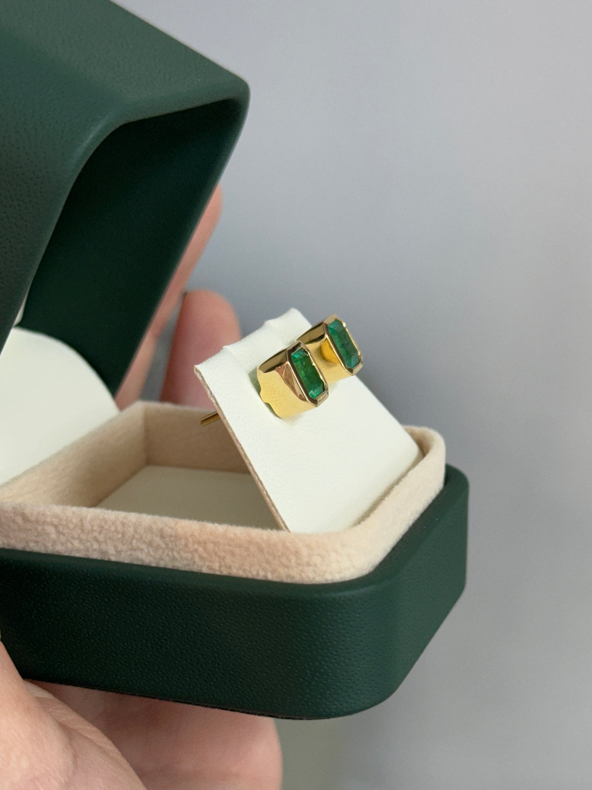 3.0tcw Colombian Emerald Bezel Set Studs 18K