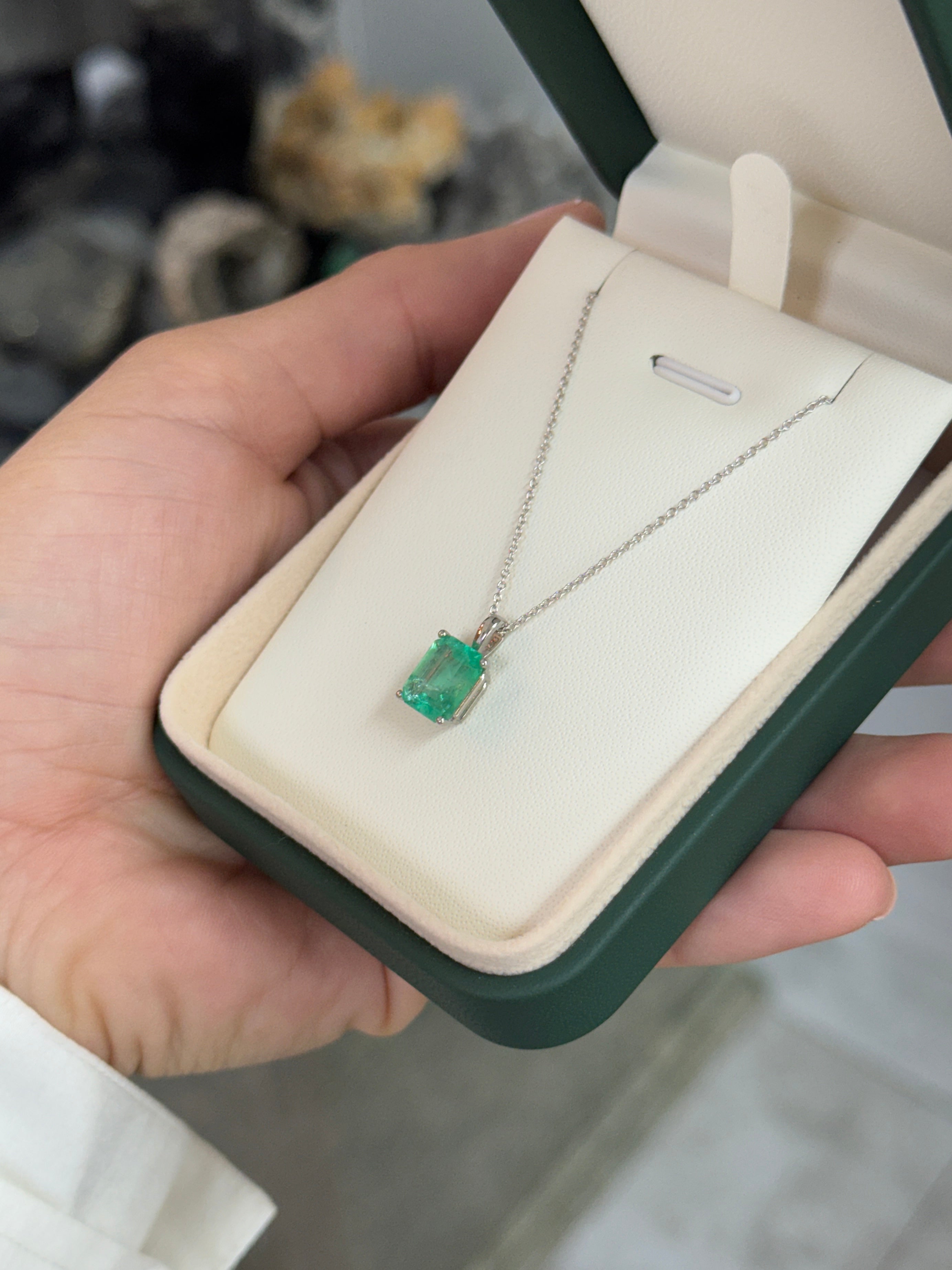 14K white gold Colombian emerald solitaire necklace featuring a 2.51 carat emerald gemstone, elegant jewelry by JR Colombian Emeralds