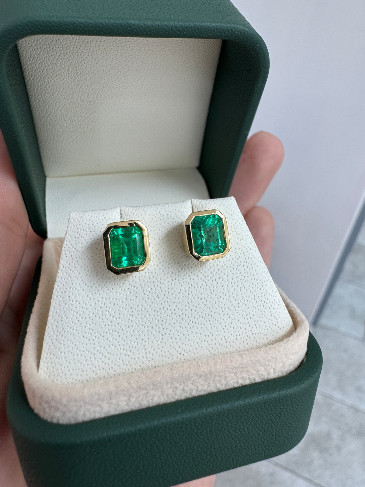 3.0tcw Colombian Emerald Bezel Set Studs 18K