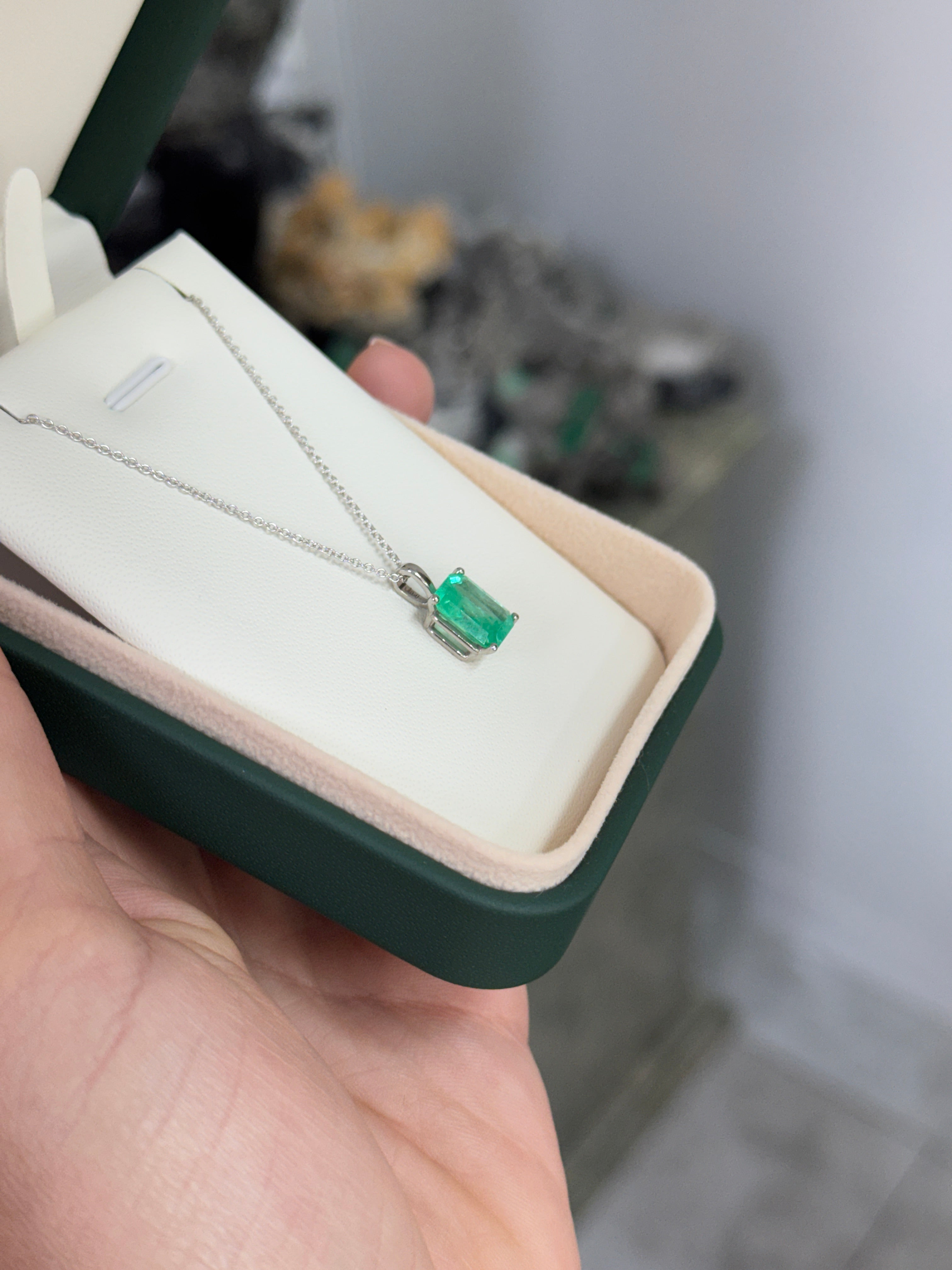 14K white gold Colombian emerald solitaire necklace featuring a 2.51 carat oval emerald, elegant jewelry by JR Colombian Emeralds