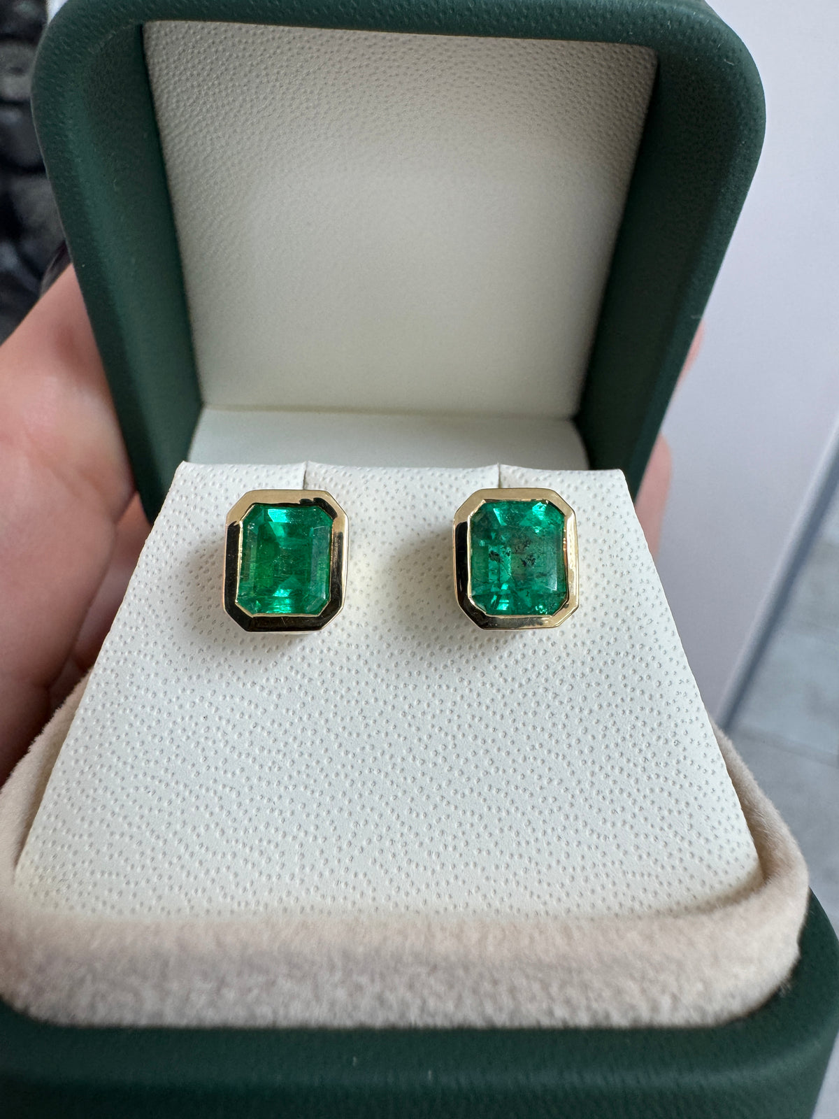 3.0tcw Colombian Emerald Bezel Set Studs 18K