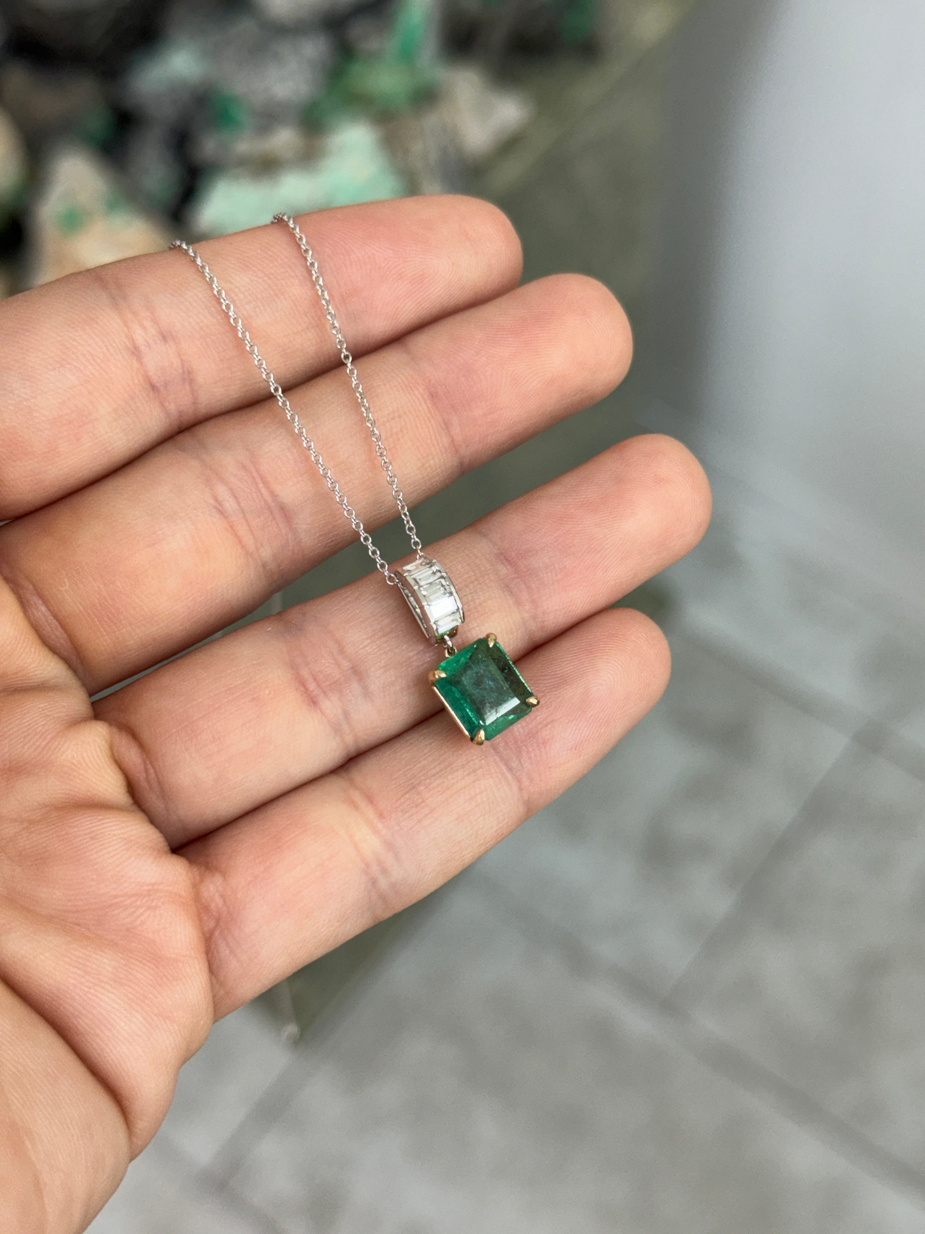Asscher cut emerald and lab diamond baguette bail pendant in 14K gold, featuring 3.05tcw gemstone details by JR Colombian Emeralds