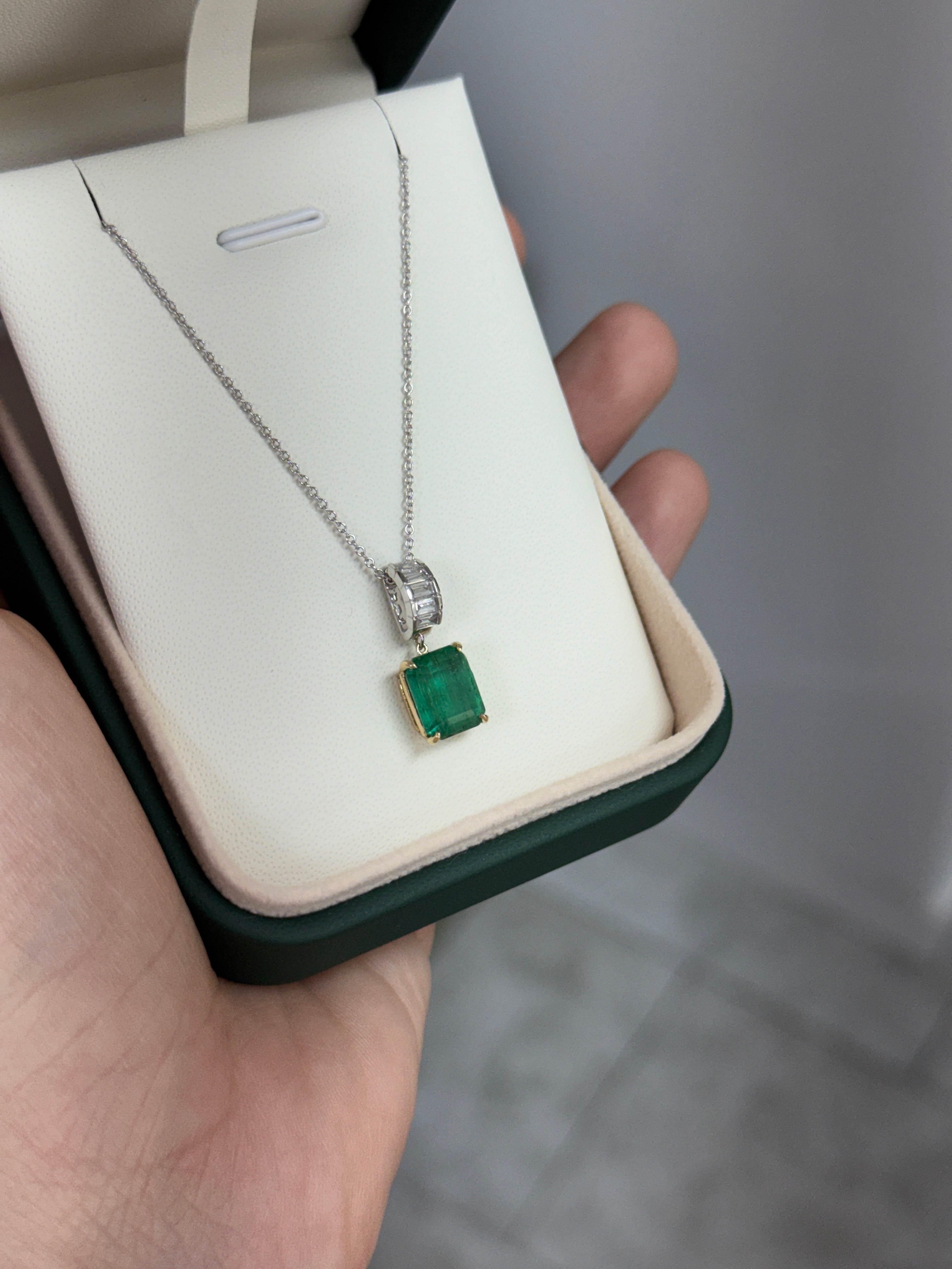 Natural emerald and lab diamond baguette bail pendant in 14K gold, featuring 3.57 carats, from JR Colombian Emeralds.
