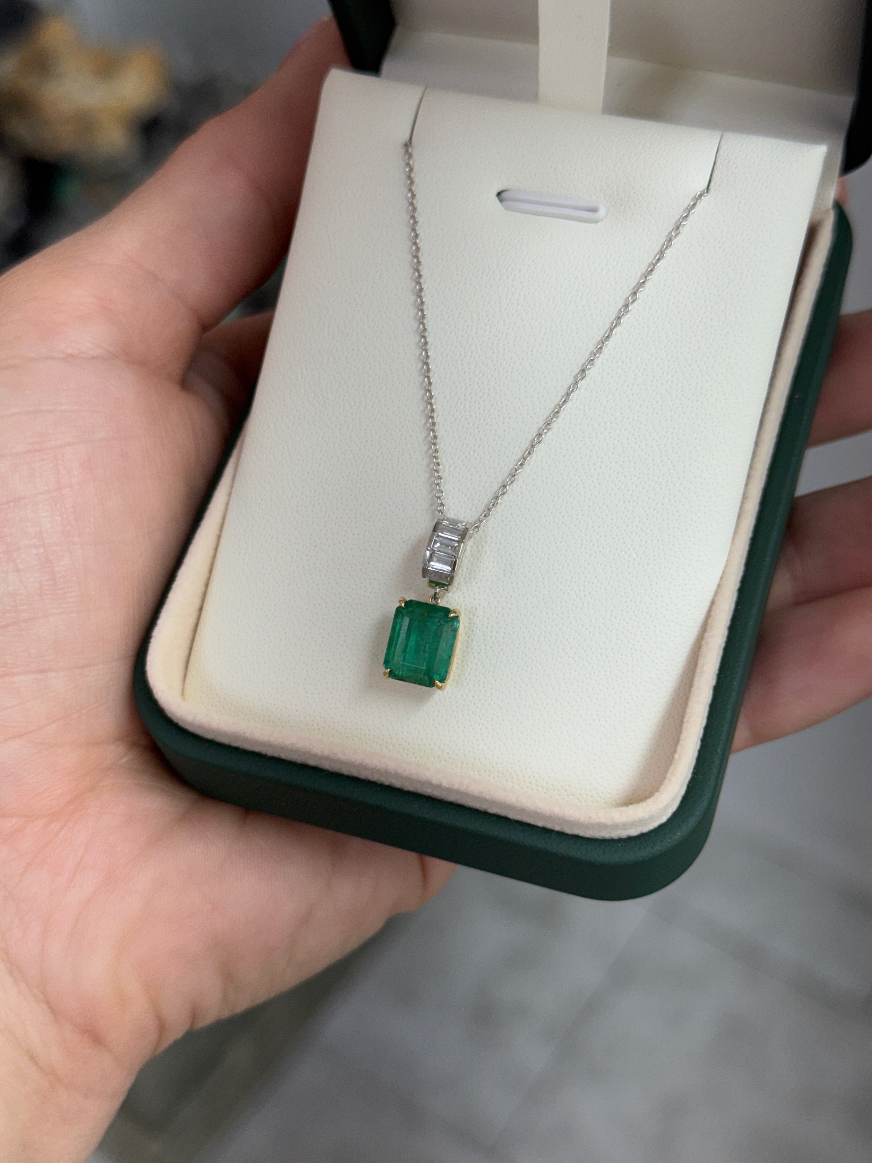 Natural emerald and lab diamond baguette bail pendant in 14K gold featuring 3.57 carats, from JR Colombian Emeralds.