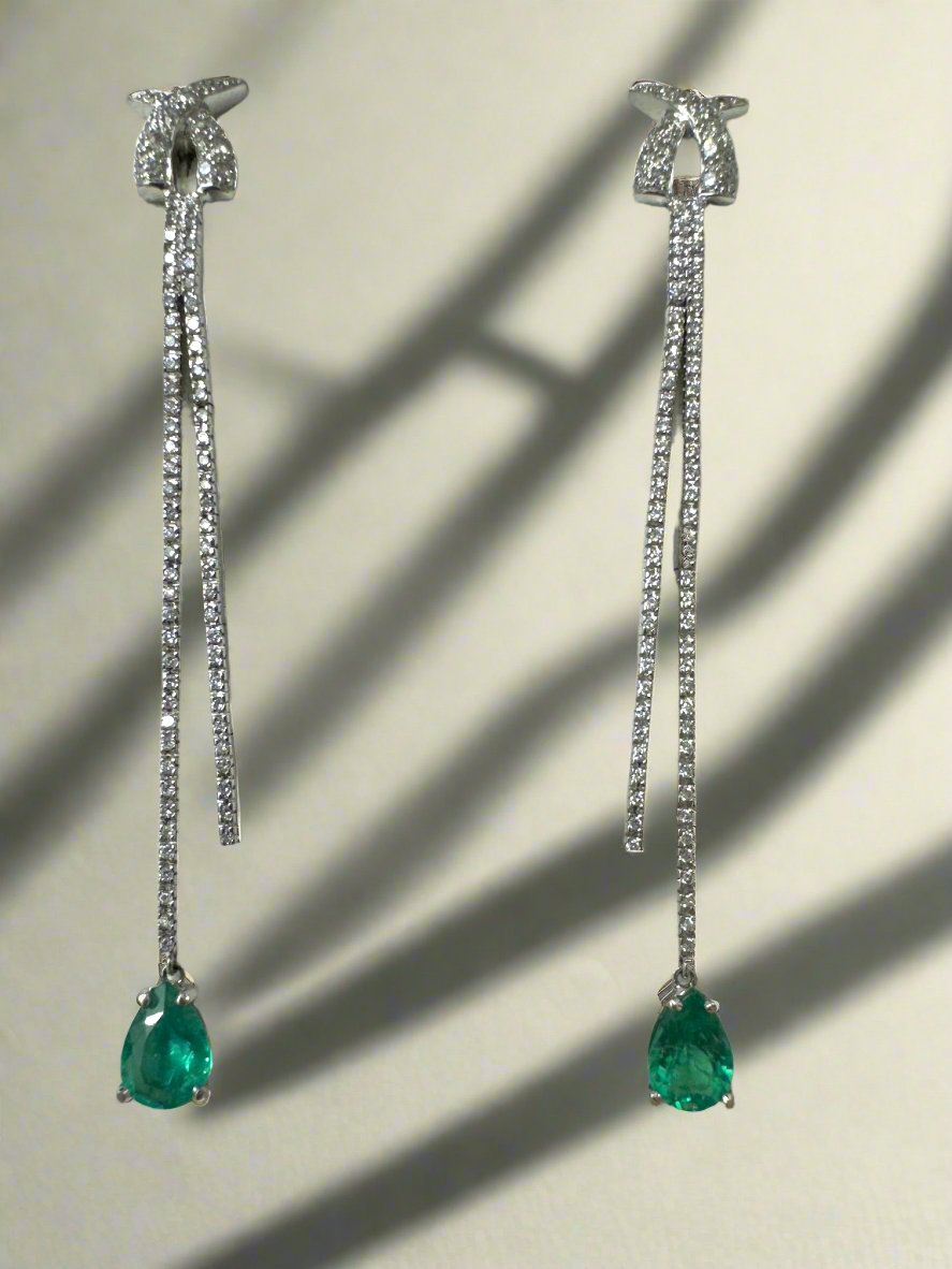 2.58tcw Teardrop Natural Emerald & Diamond Chandelier Earrings 18K White Gold - JR Colombian Emeralds