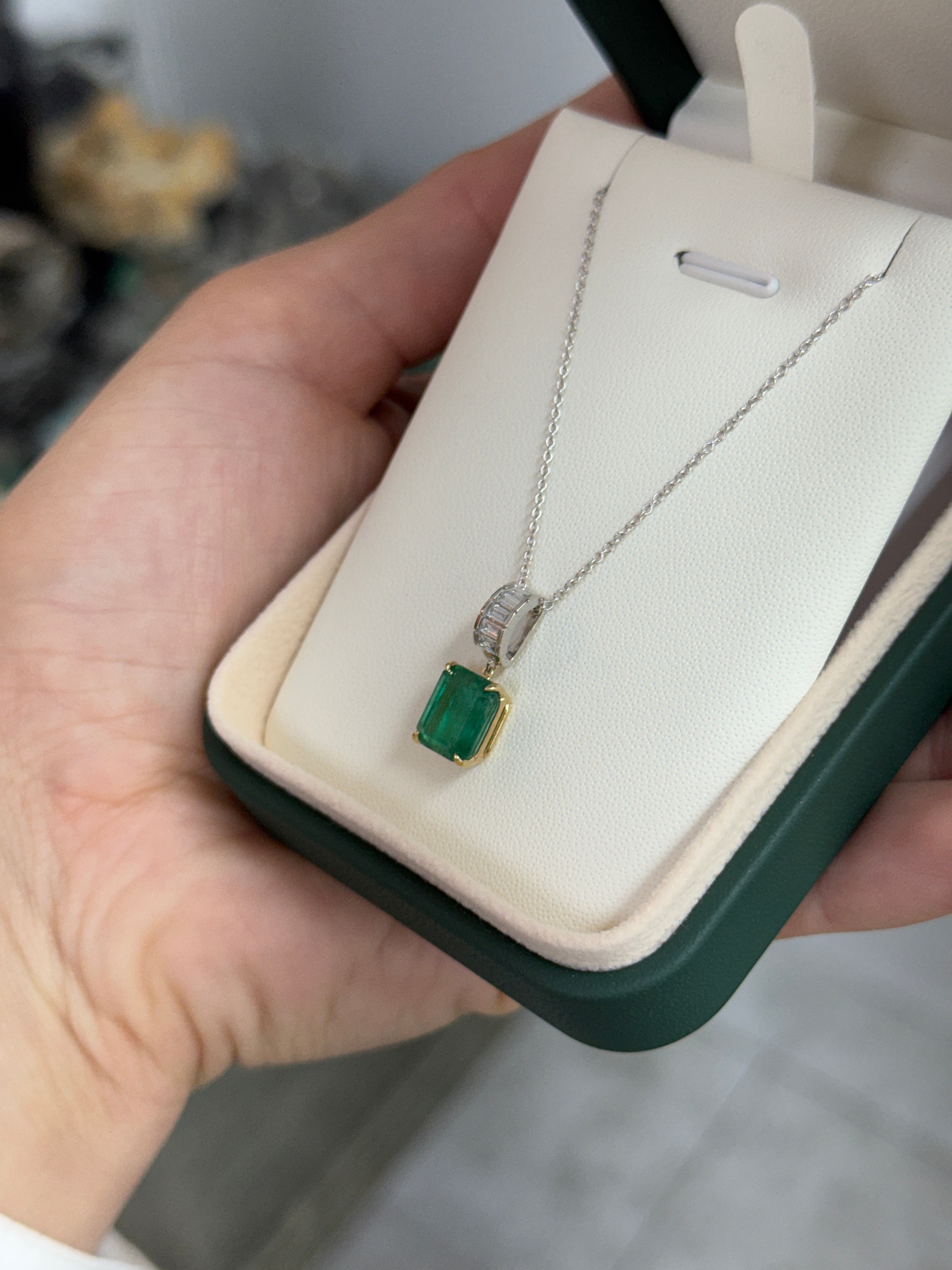 Natural emerald and lab diamond baguette bail pendant in 14K gold by JR Colombian Emeralds, showcasing the detailed jewelry design