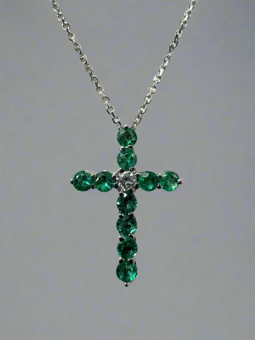 Petite Emerald & Diamond 14K White Gold Cross Necklace - JR Colombian Emeralds